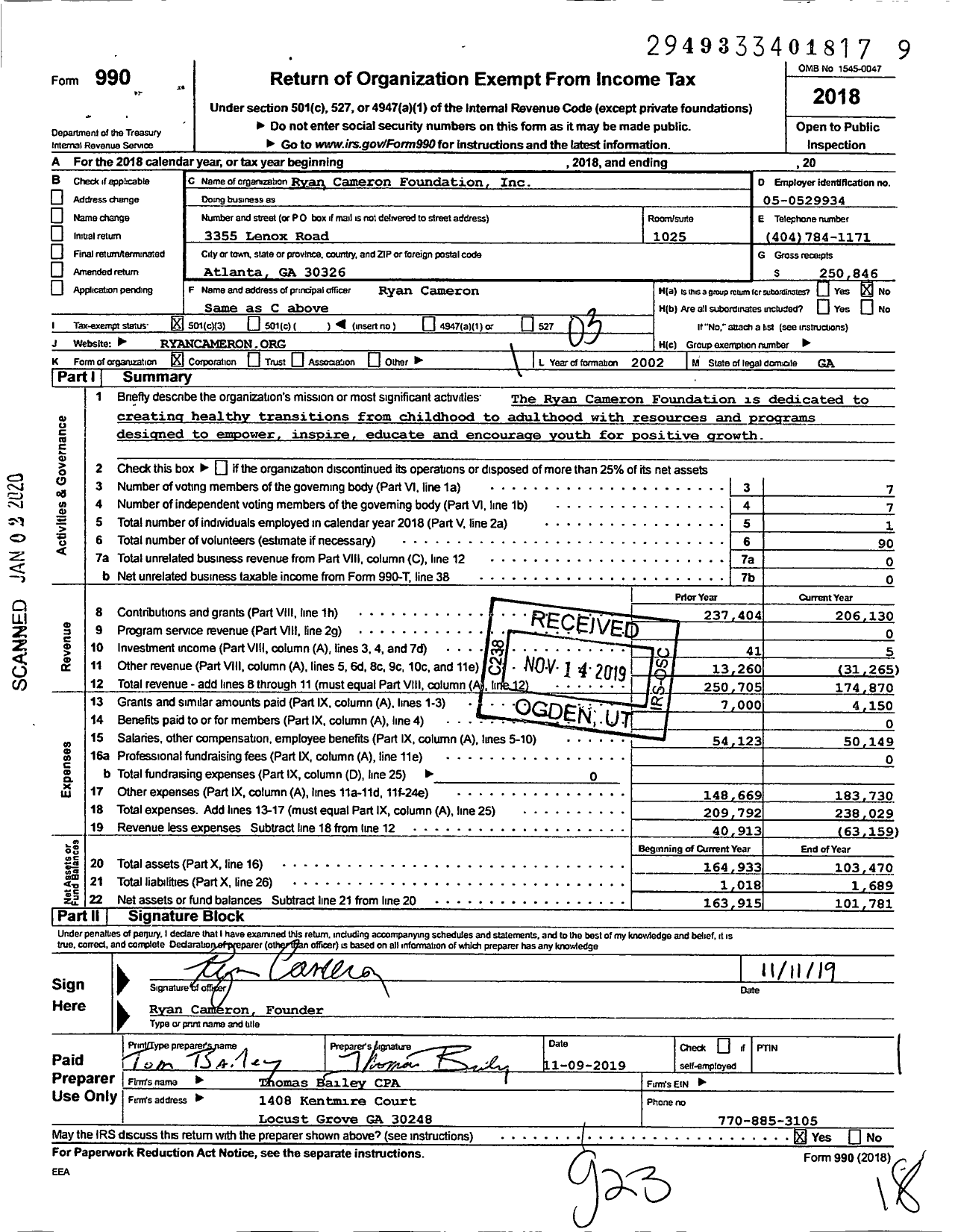 Image of first page of 2018 Form 990 for Ryan Cameron Foundation