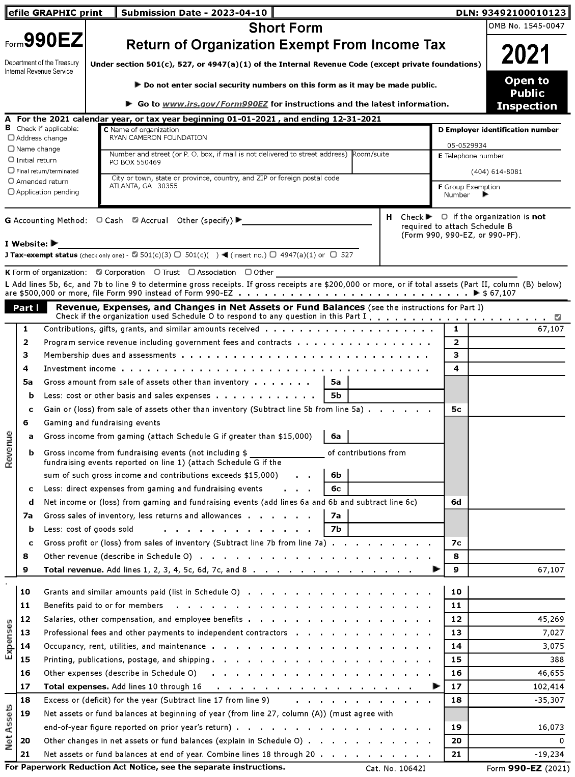 Image of first page of 2021 Form 990EZ for Ryan Cameron Foundation