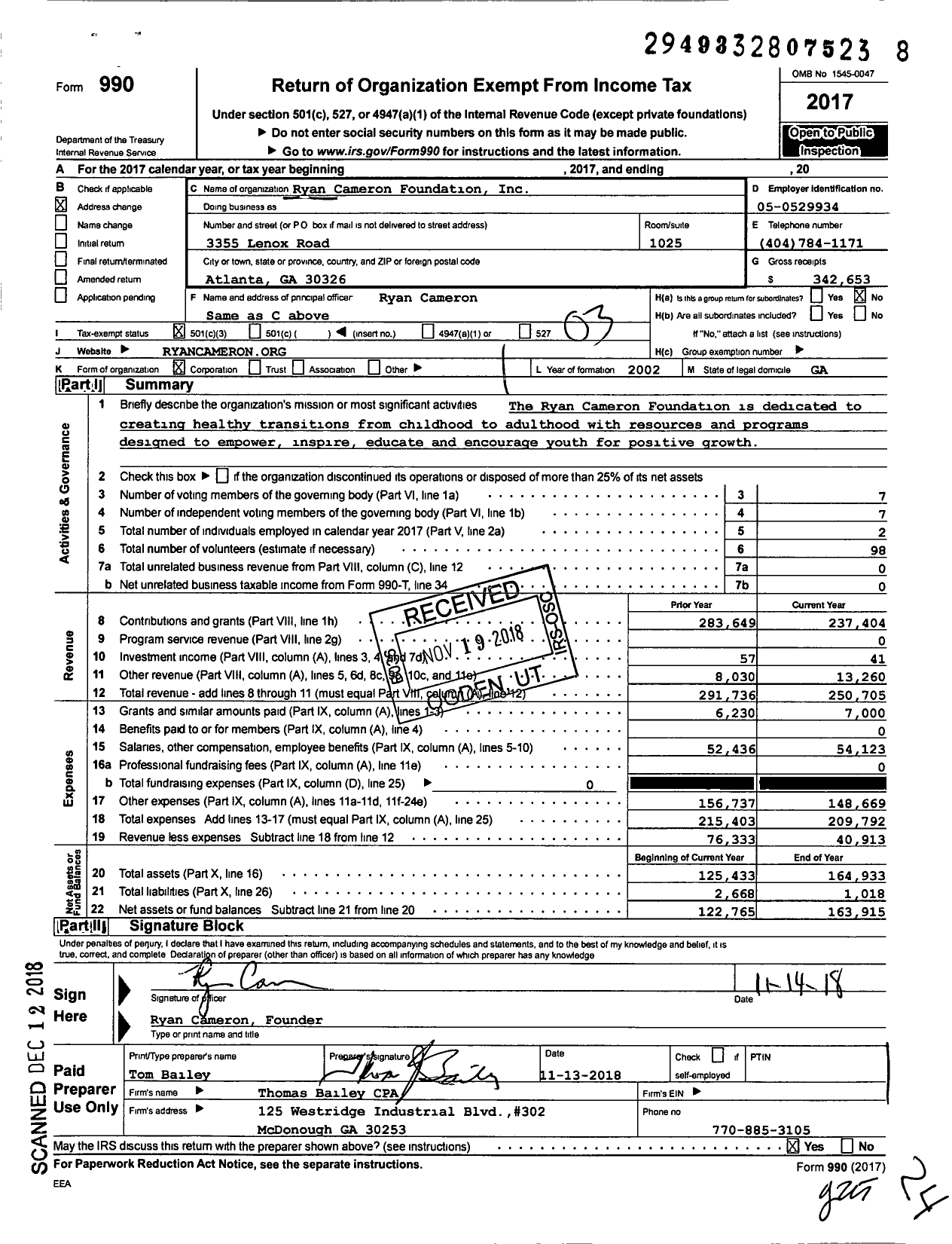 Image of first page of 2017 Form 990 for Ryan Cameron Foundation