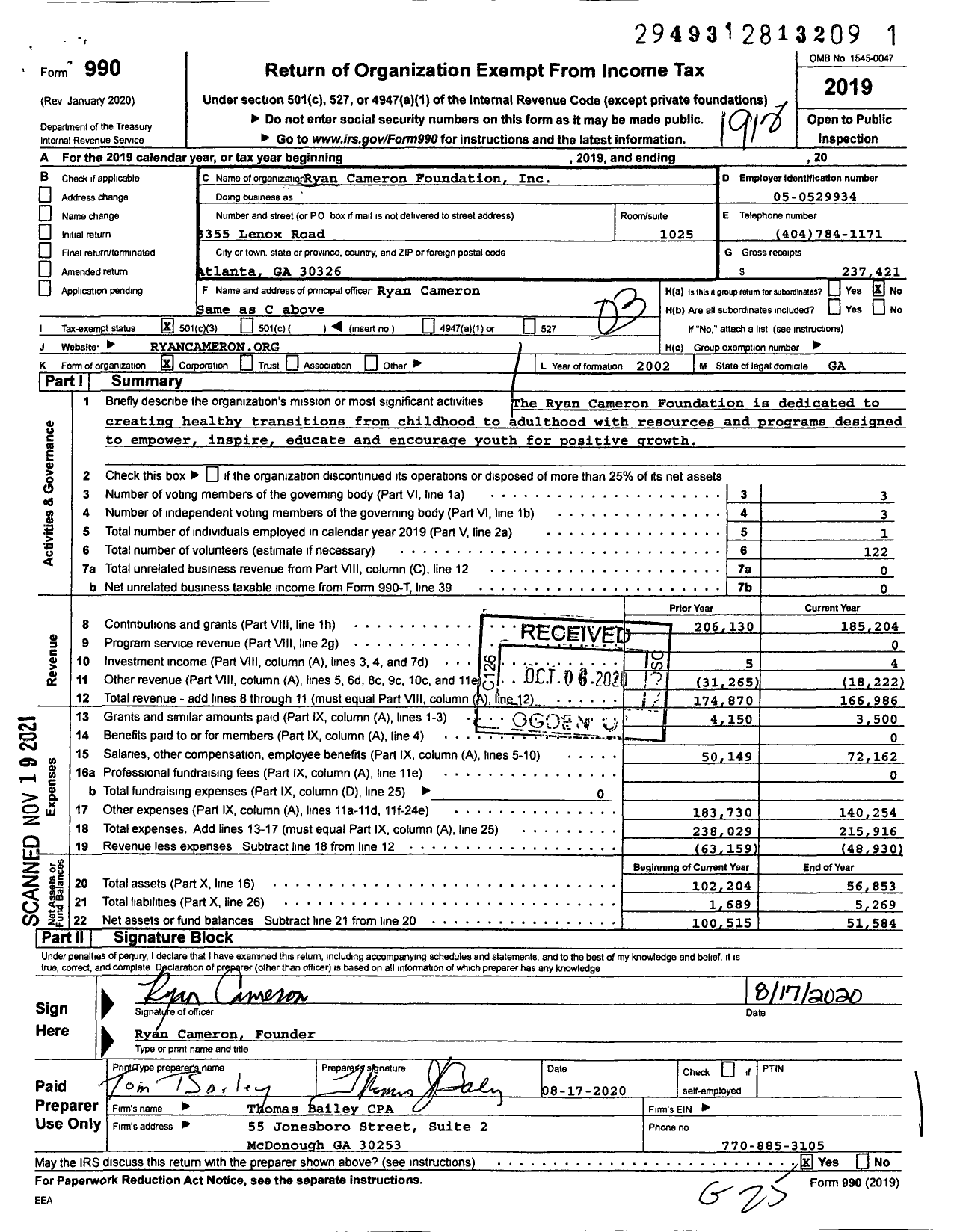 Image of first page of 2019 Form 990 for Ryan Cameron Foundation