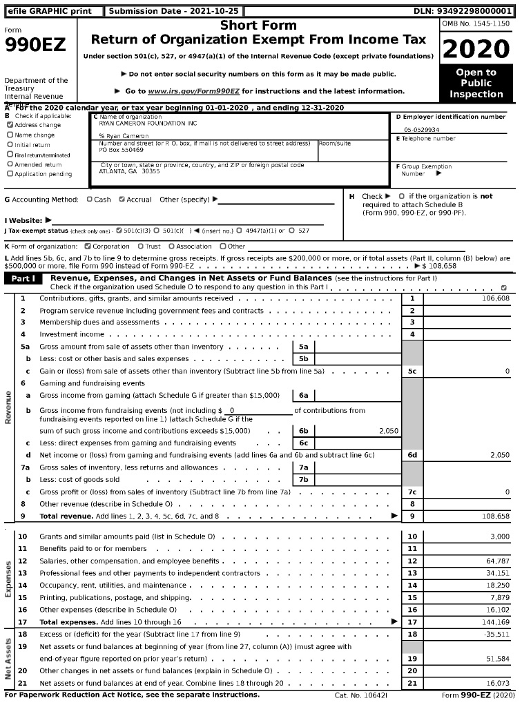 Image of first page of 2020 Form 990EZ for Ryan Cameron Foundation