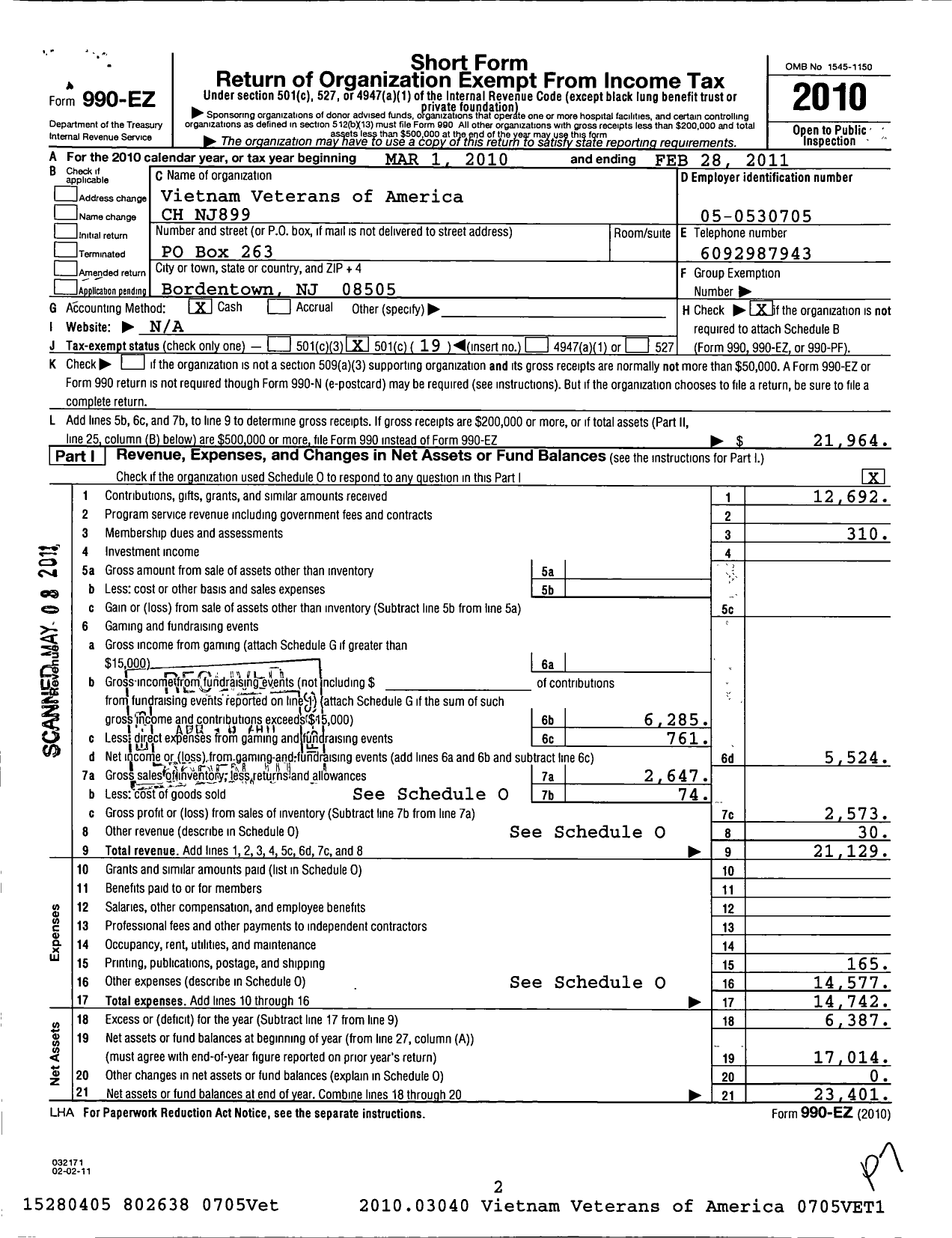 Image of first page of 2010 Form 990EO for Vietnam Veterans of America