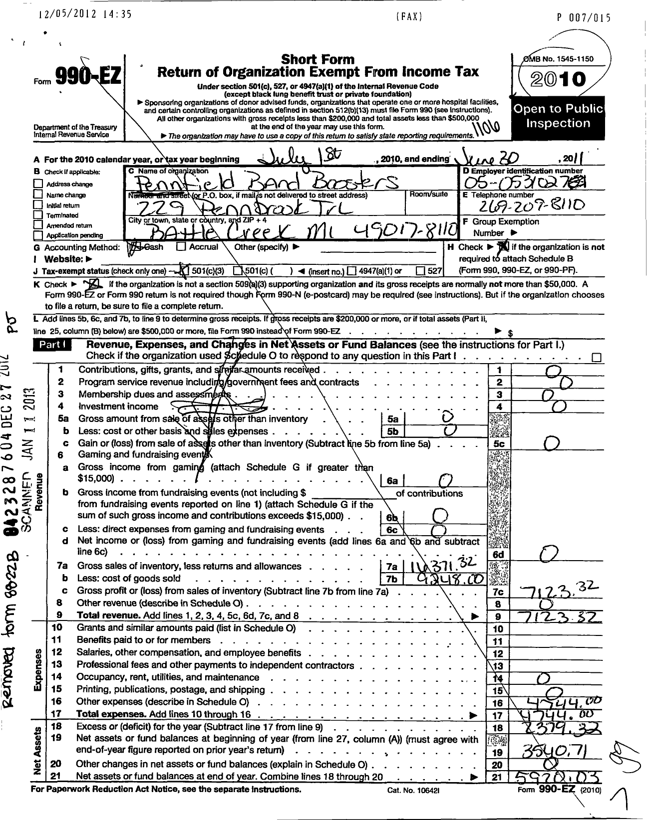 Image of first page of 2010 Form 990EZ for Pennfield Band Boosters