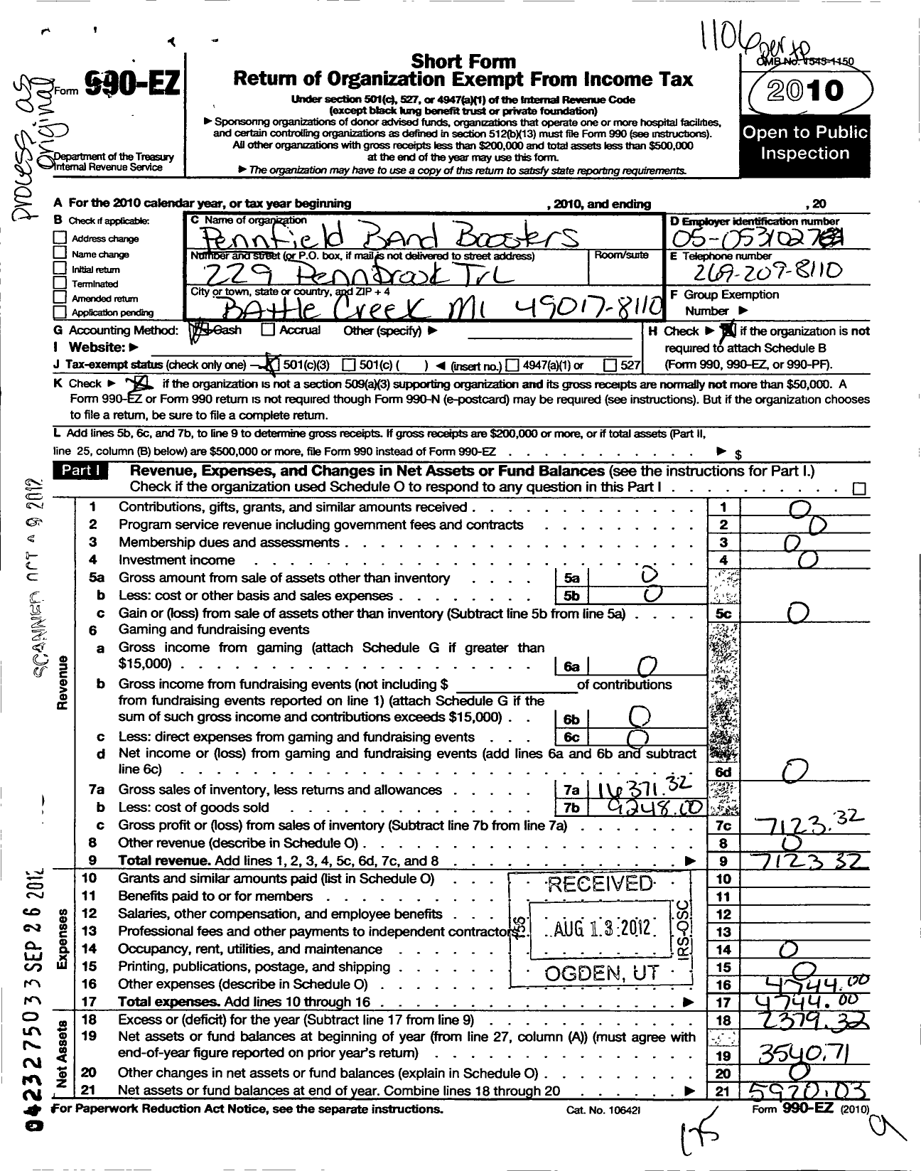 Image of first page of 2010 Form 990EZ for Pennfield Band Boosters