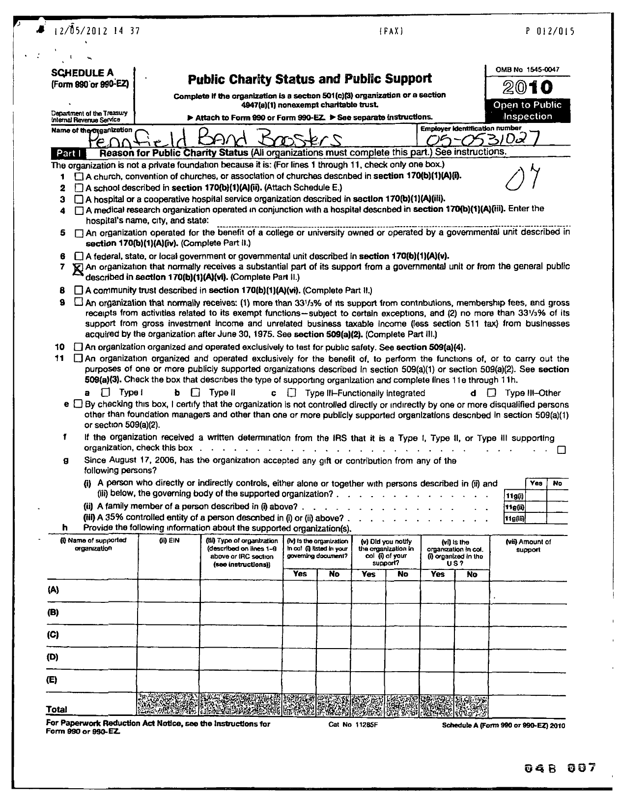 Image of first page of 2010 Form 990ER for Pennfield Band Boosters