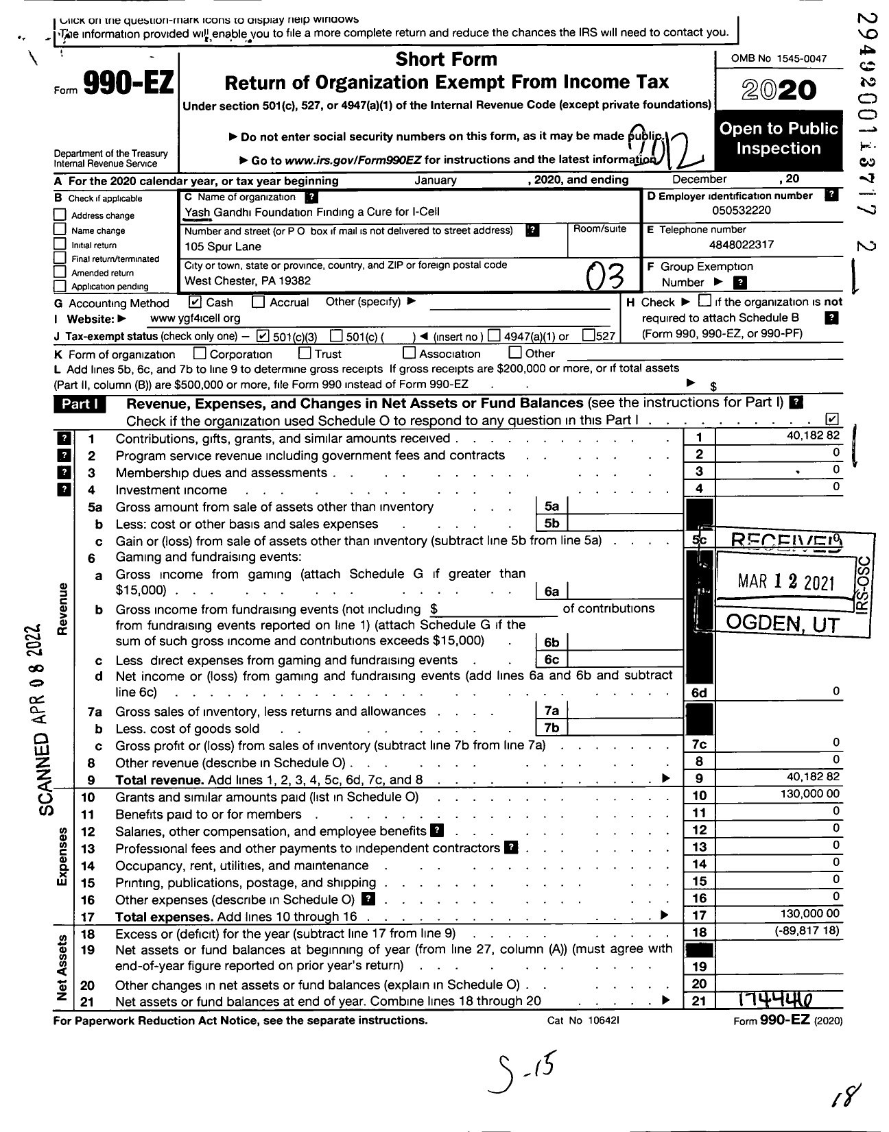 Image of first page of 2020 Form 990EZ for Yash Gandhi Foundation for Finding A Cure for I-Cell