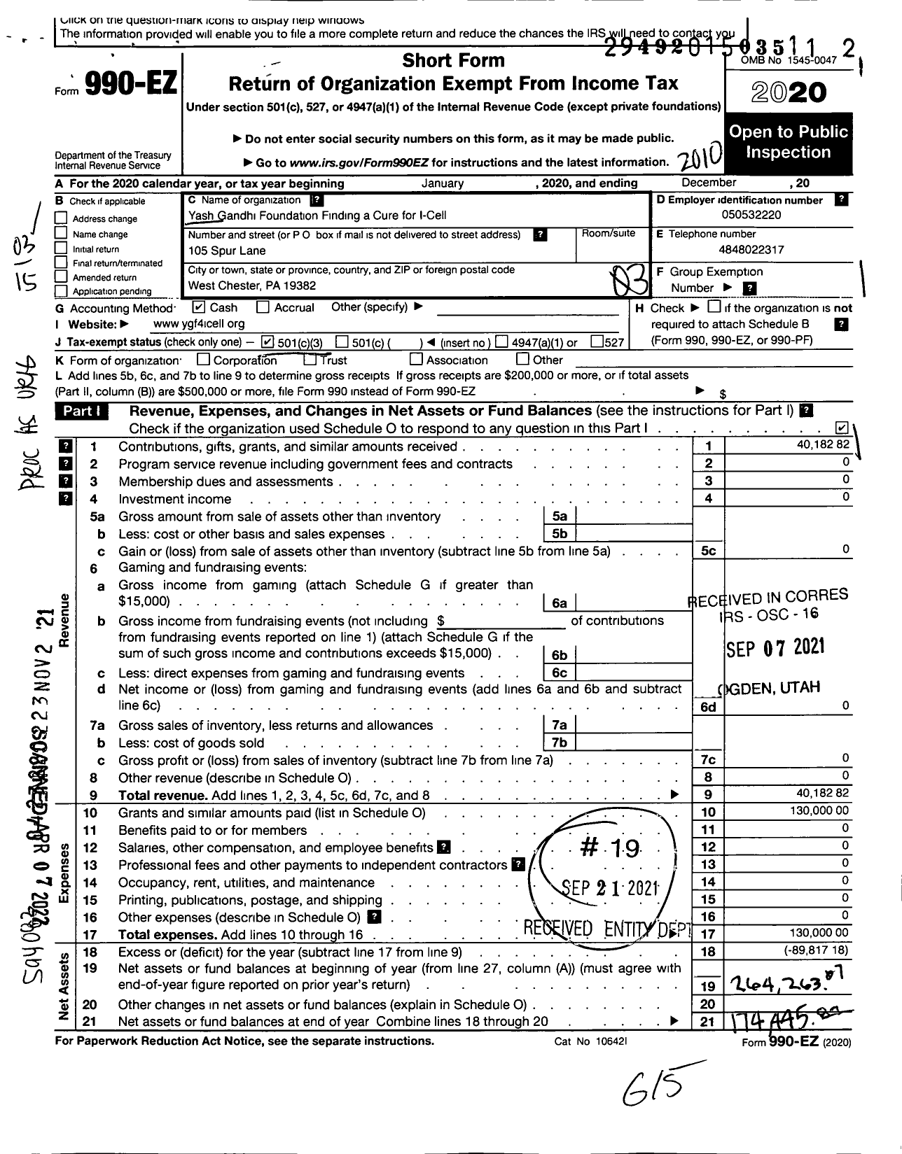 Image of first page of 2019 Form 990EZ for Yash Gandhi Foundation for Finding A Cure for I-Cell