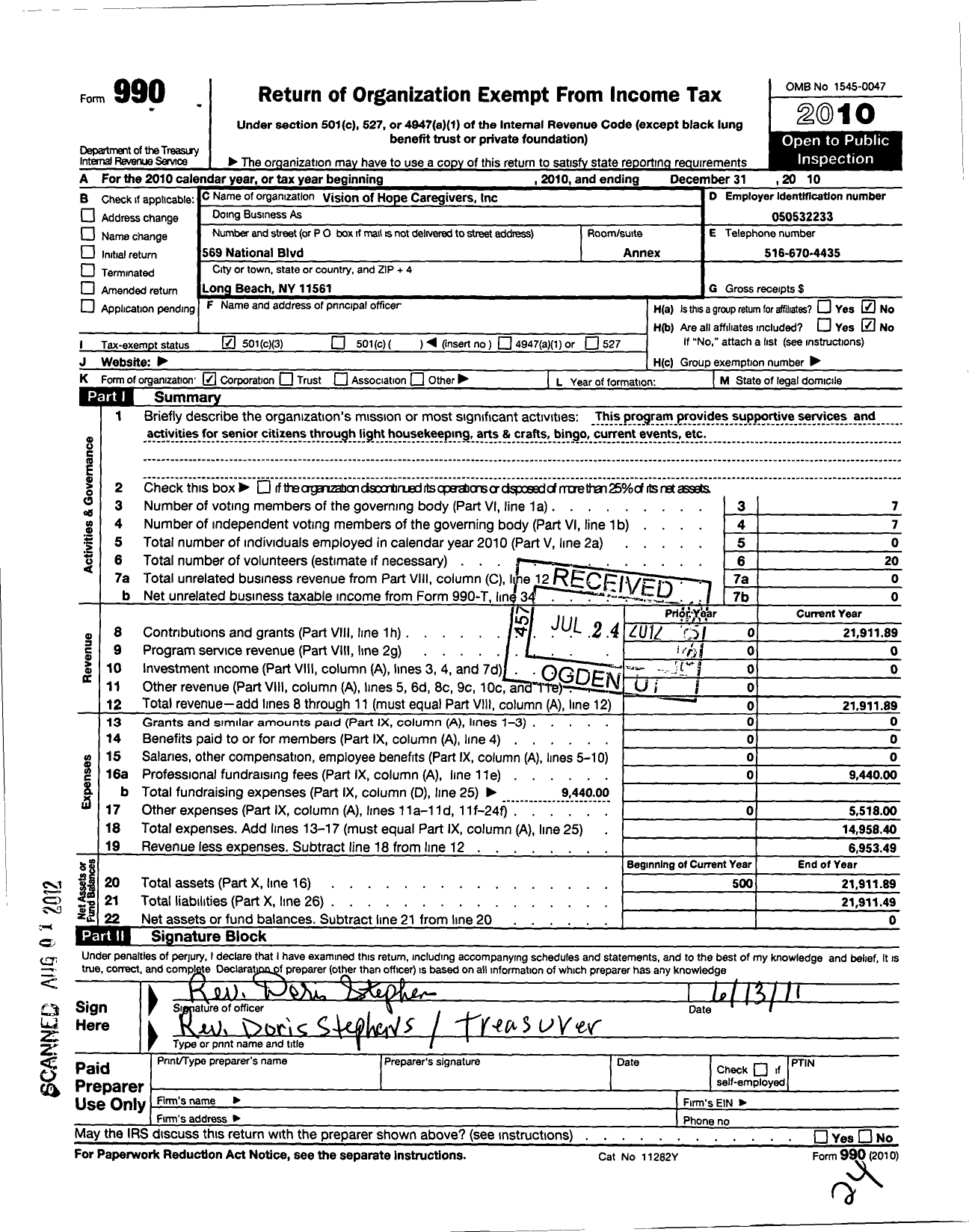 Image of first page of 2010 Form 990 for Vision of Hope Care Givers