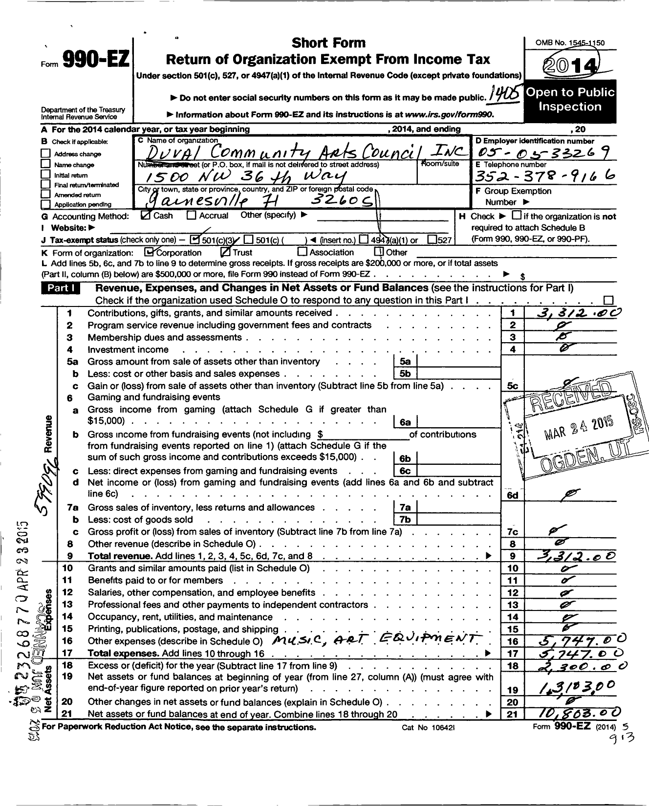 Image of first page of 2013 Form 990EZ for Duval Community Arts Council (DCAC)