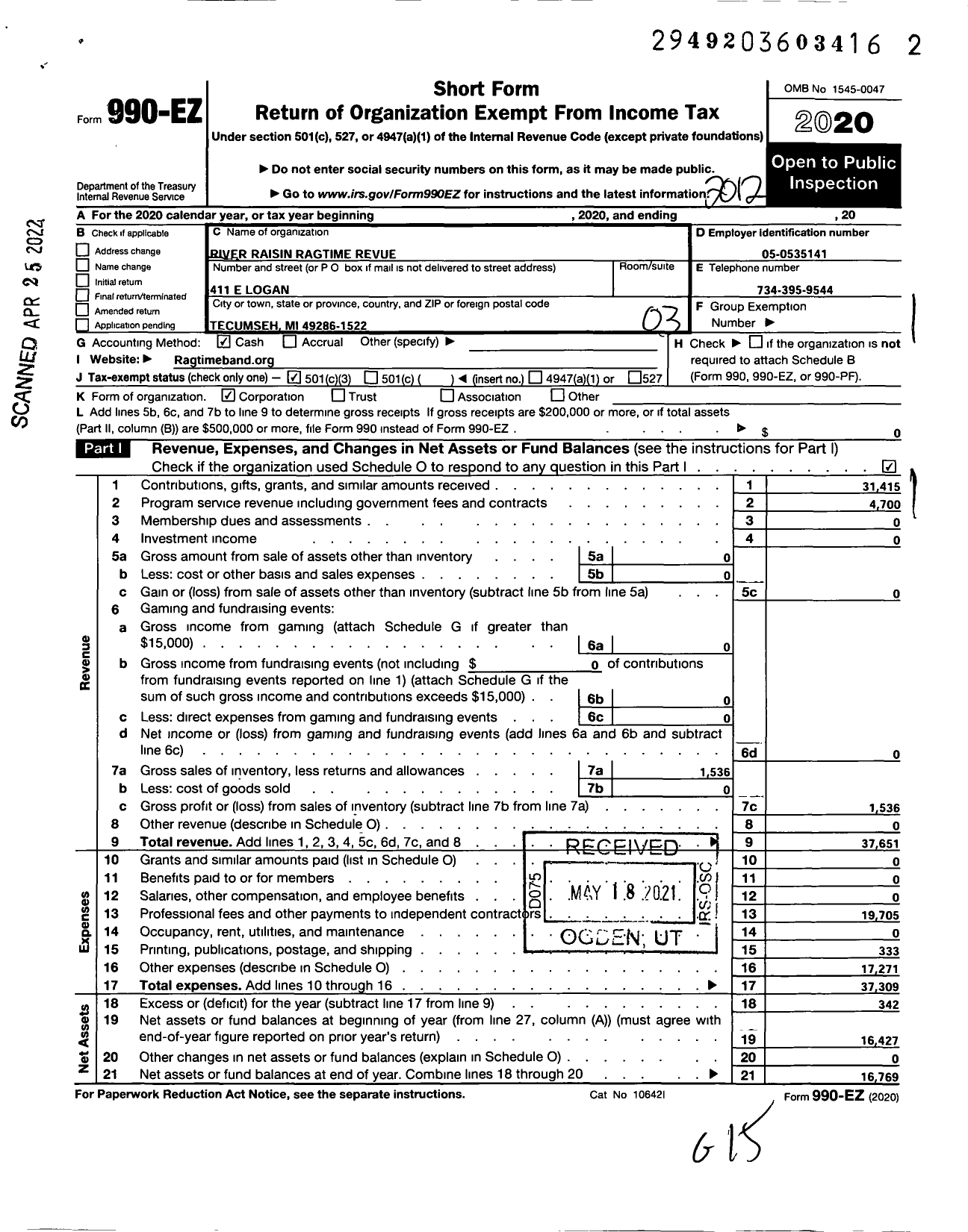 Image of first page of 2020 Form 990EZ for River Raisin Ragtime Revue