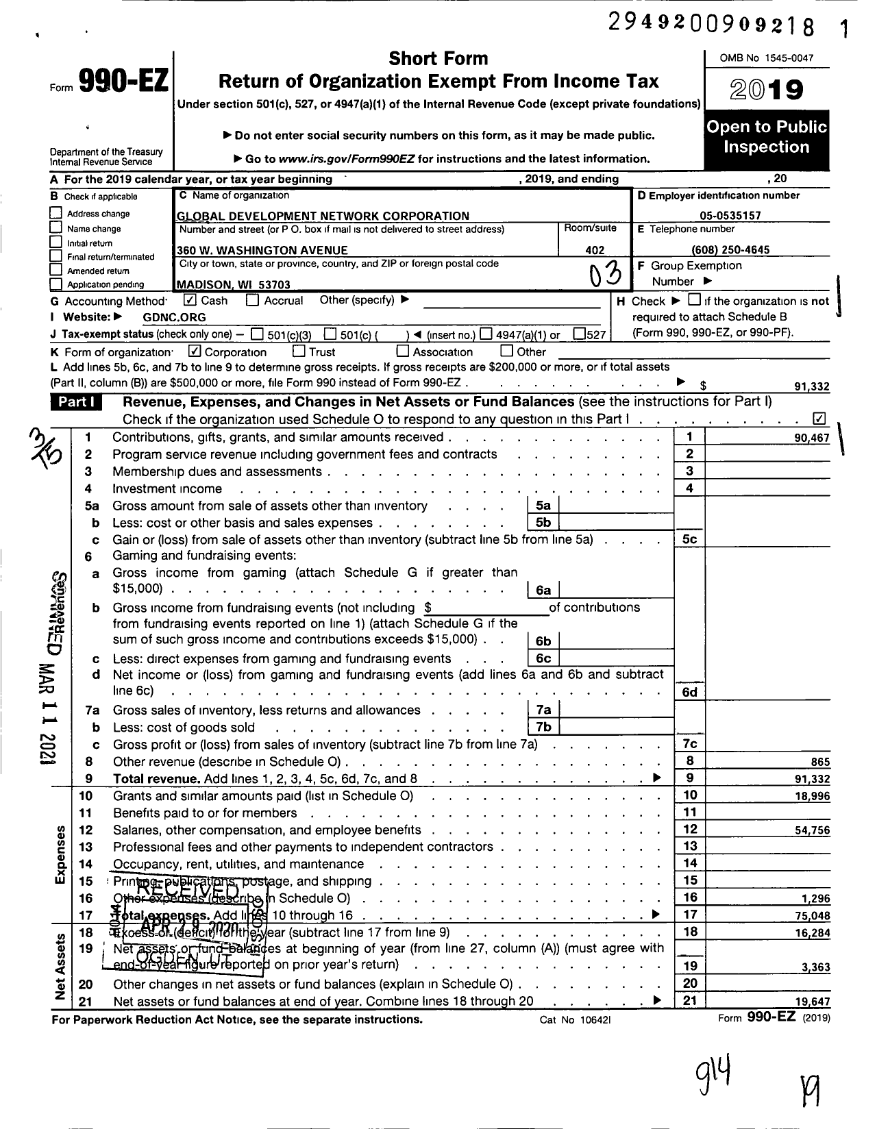 Image of first page of 2019 Form 990EZ for Global Development Network Corporation