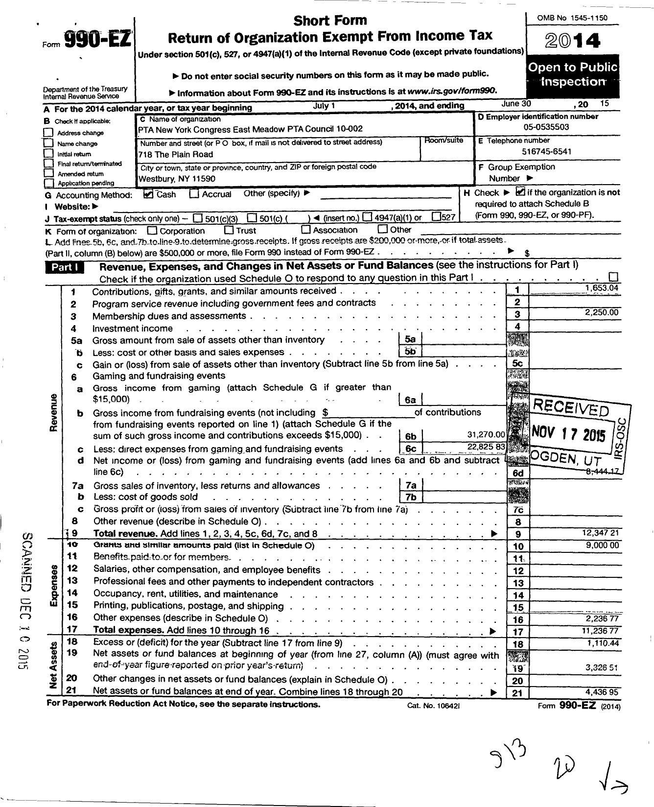 Image of first page of 2014 Form 990EO for New York State PTA - 010-002 East Meadow CNCL of Ptas