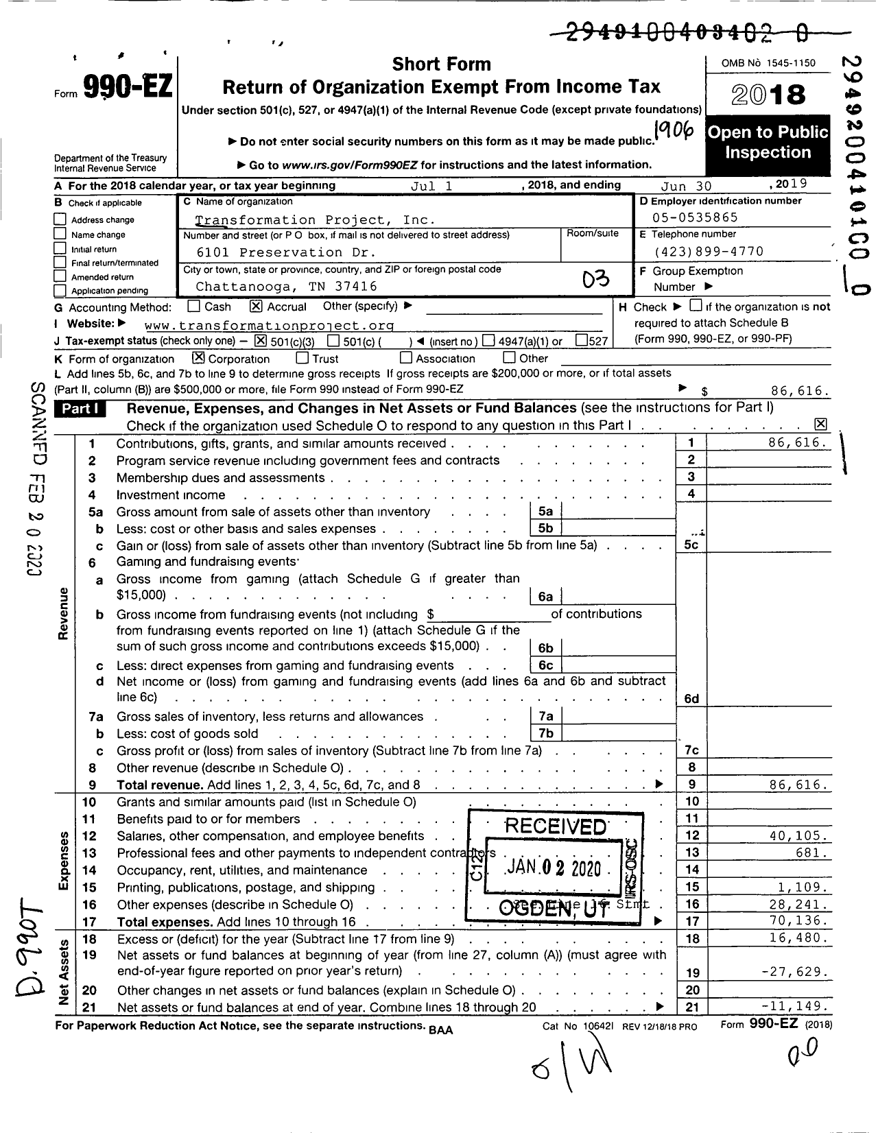 Image of first page of 2018 Form 990EZ for Transformation Project