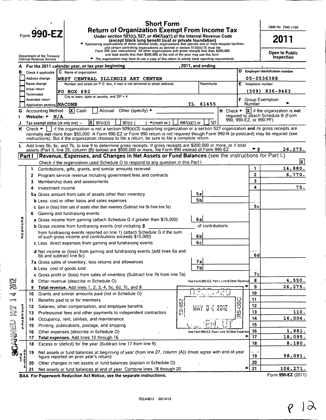 Image of first page of 2011 Form 990EZ for West Central Illinois Art Center Corporation