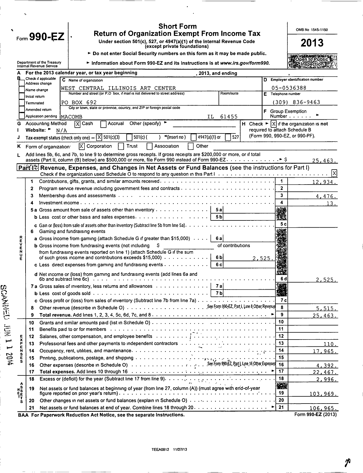 Image of first page of 2013 Form 990EZ for West Central Illinois Art Center Corporation