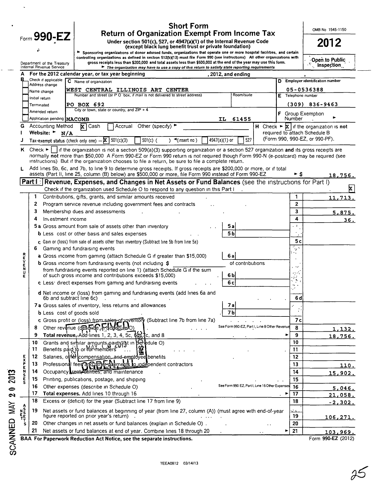 Image of first page of 2012 Form 990EZ for West Central Illinois Art Center Corporation