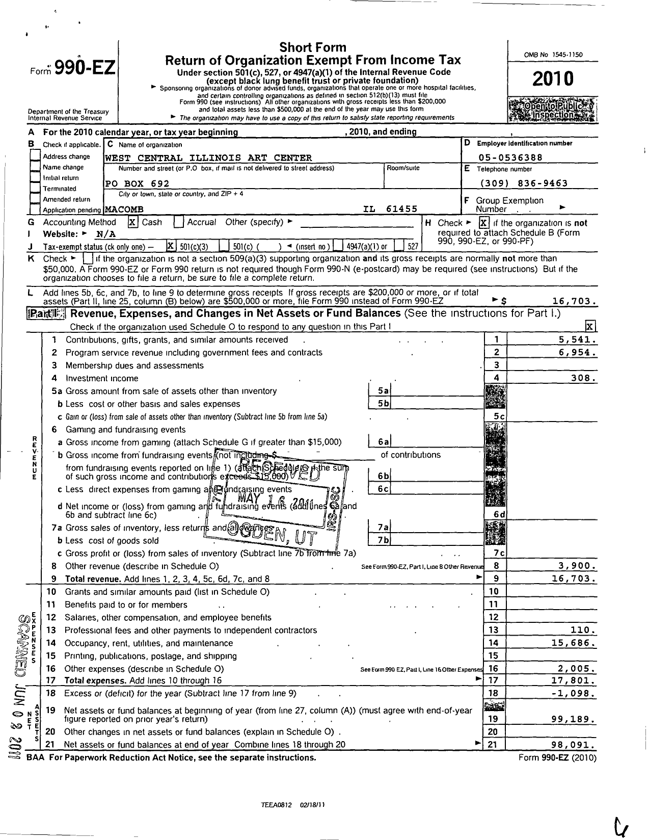 Image of first page of 2010 Form 990EZ for West Central Illinois Art Center Corporation