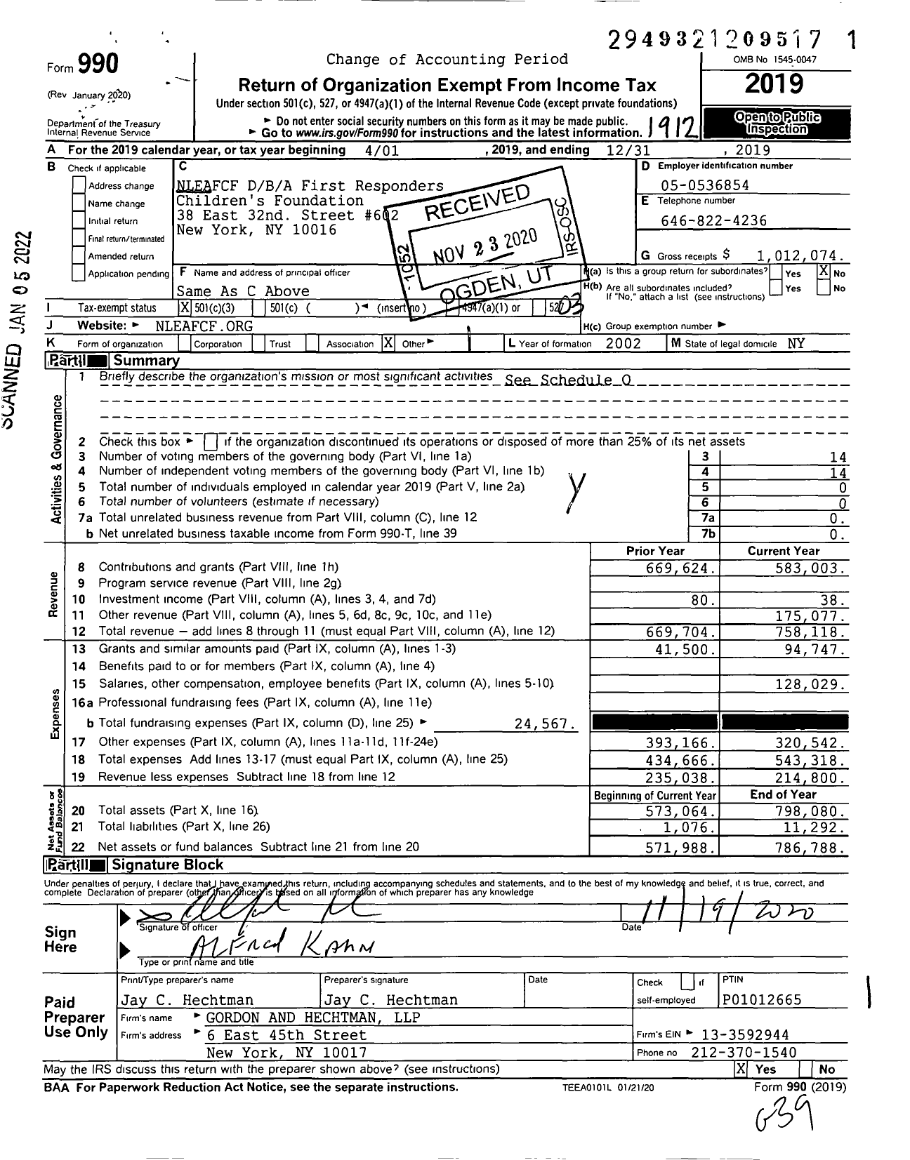 Image of first page of 2019 Form 990 for First Responders Childrens Foundation