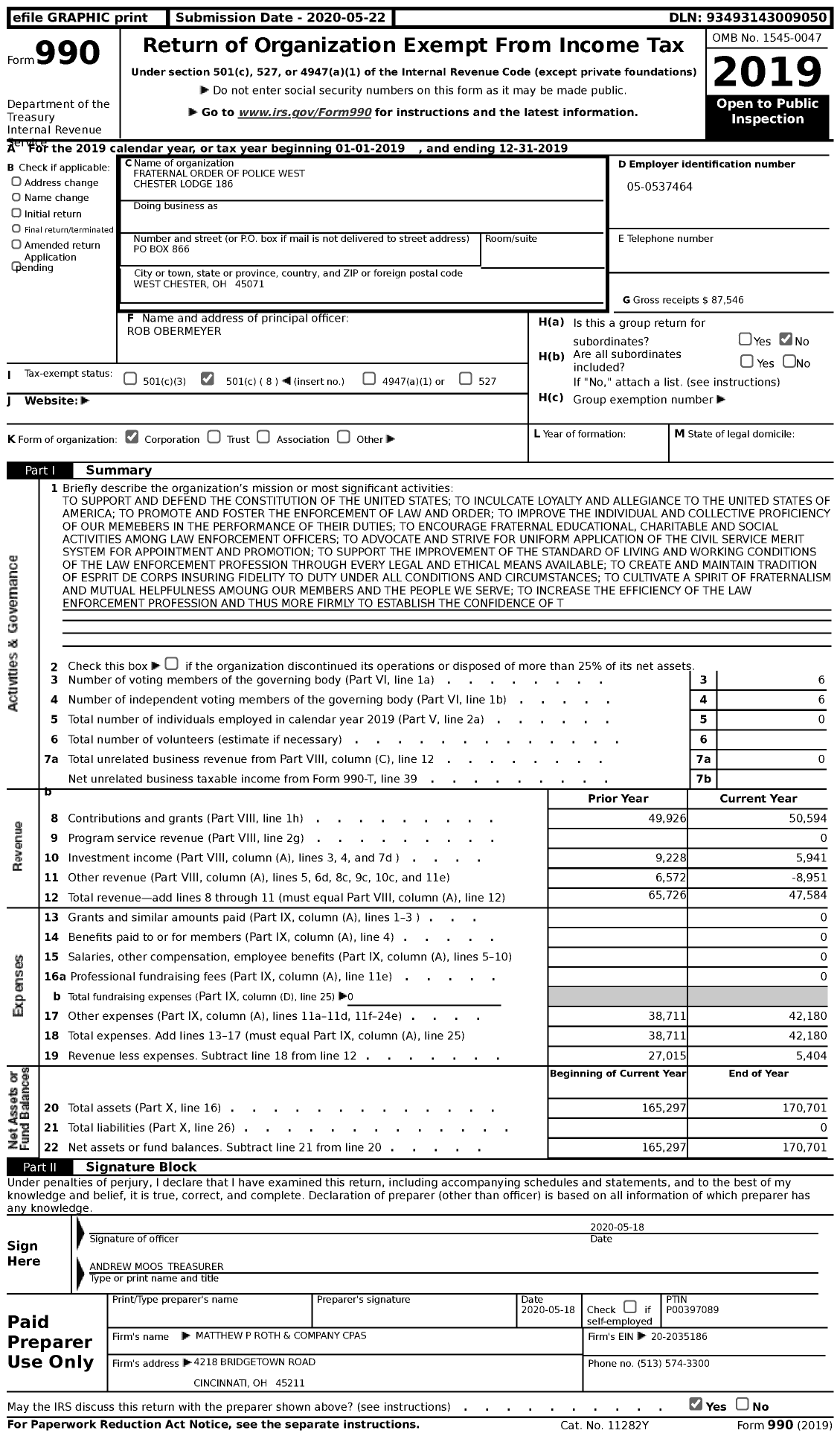 Image of first page of 2019 Form 990 for Fraternal Order of Police - 186 West Chester TWP Lodge