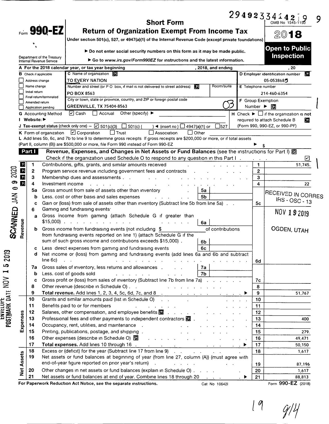 Image of first page of 2018 Form 990EZ for To Every Nation