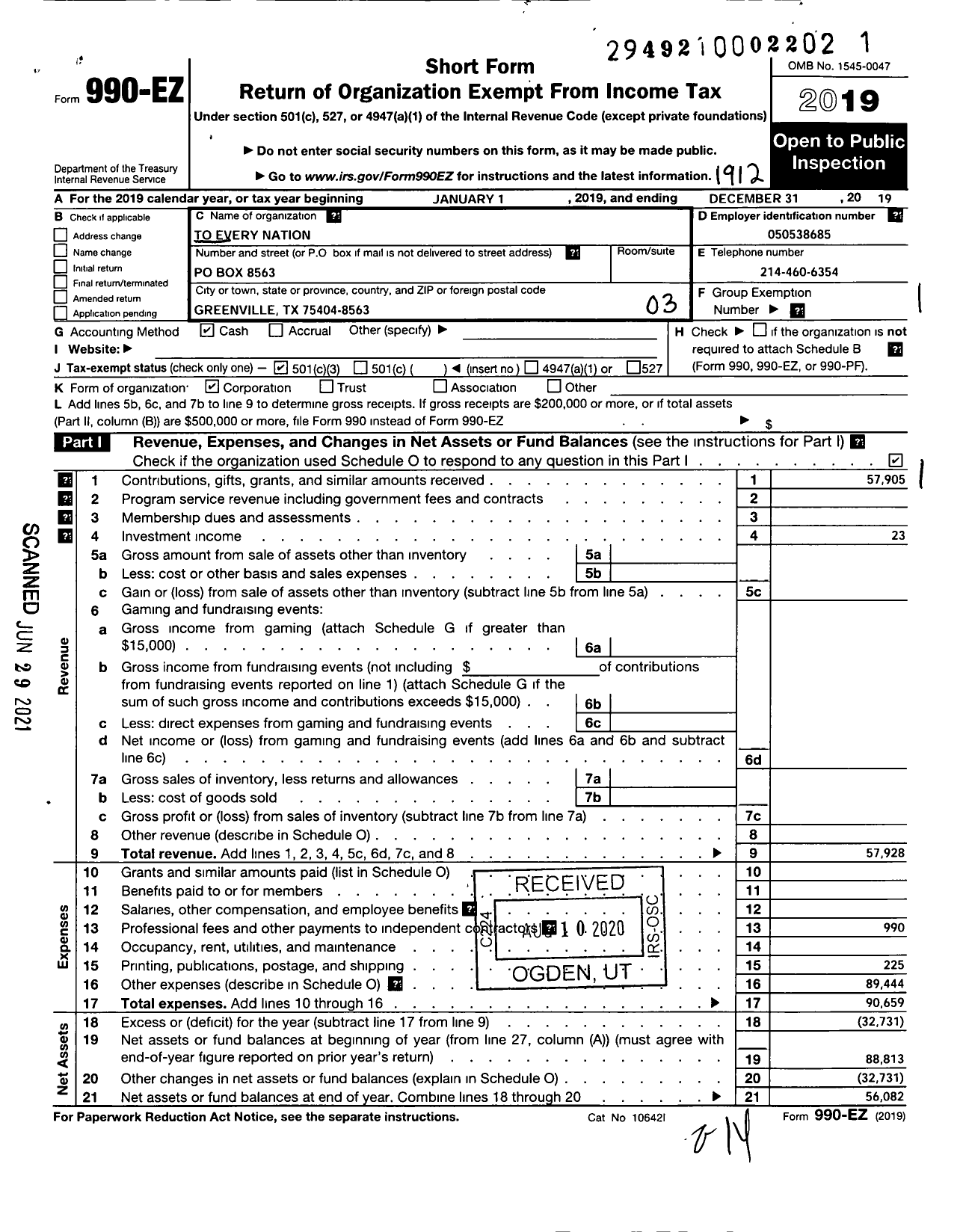 Image of first page of 2019 Form 990EZ for To Every Nation