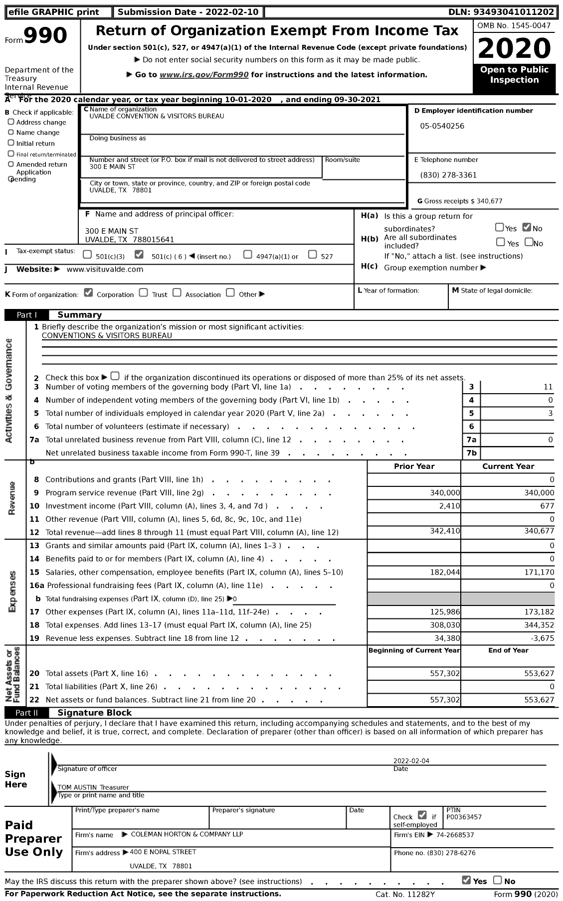 Image of first page of 2020 Form 990 for Uvalde Convention and Visitors Bureau