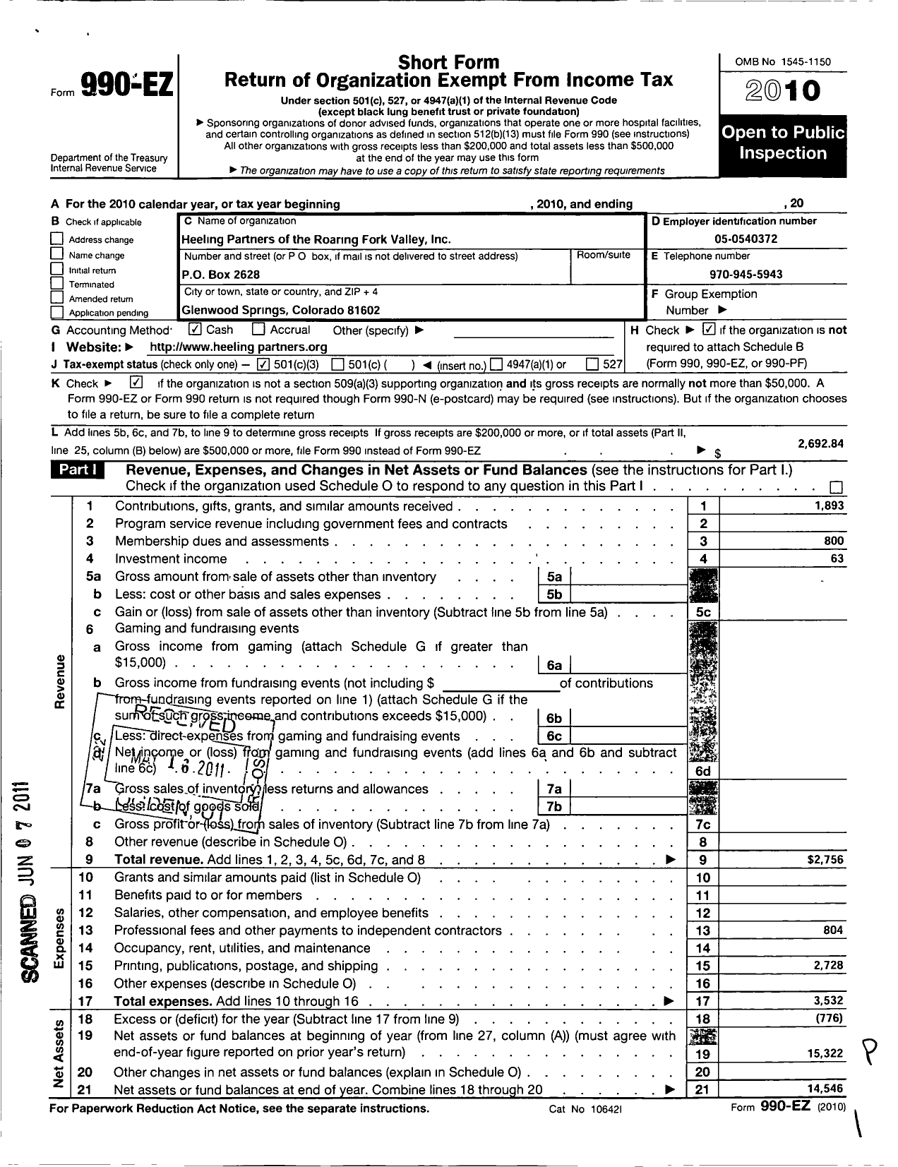 Image of first page of 2010 Form 990EZ for Heeling Partners of the Roaring Fork Valley