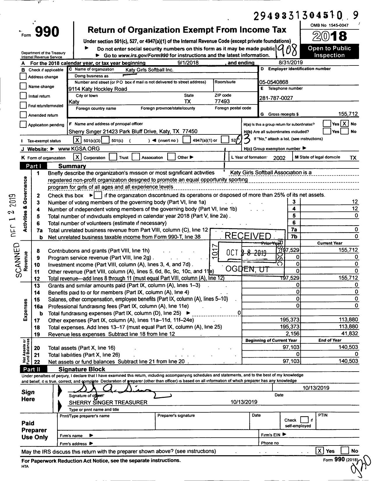 Image of first page of 2018 Form 990 for Katy Girls Softball