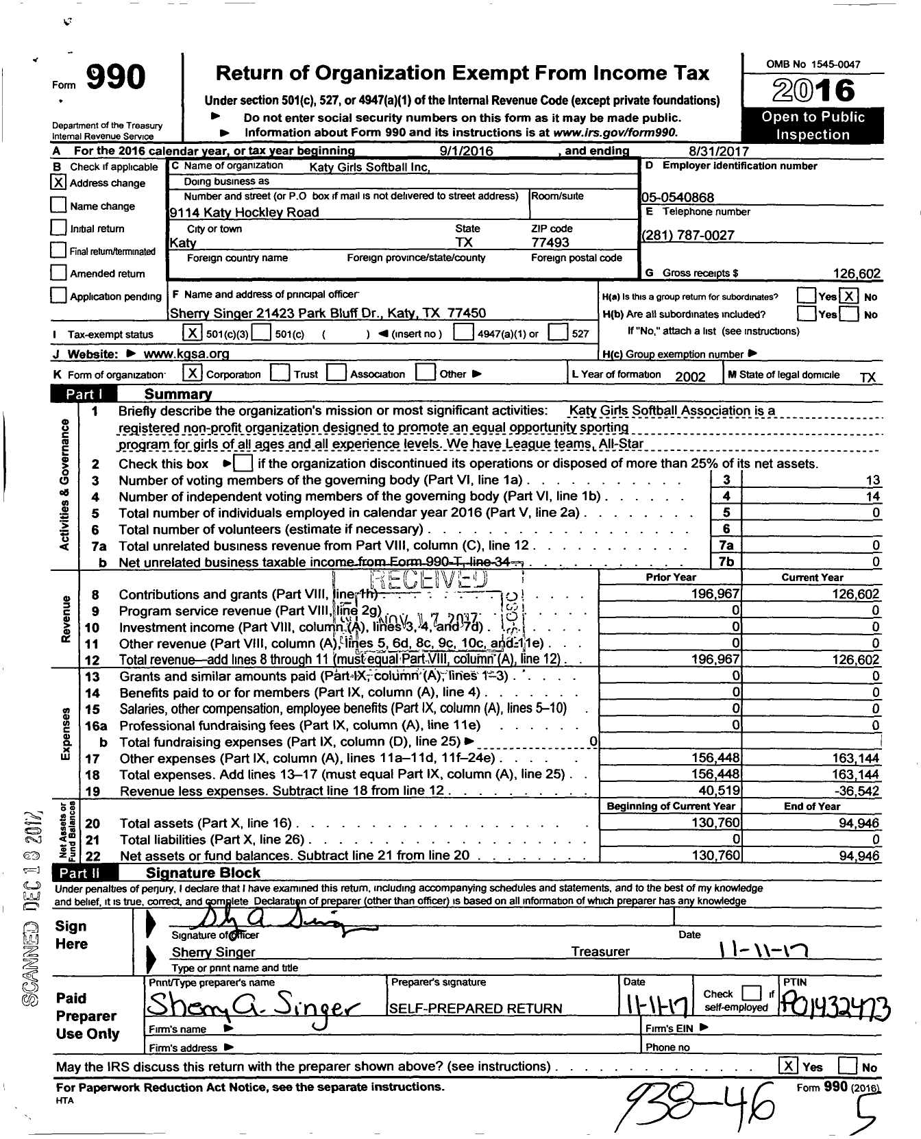 Image of first page of 2016 Form 990 for Katy Girls Softball