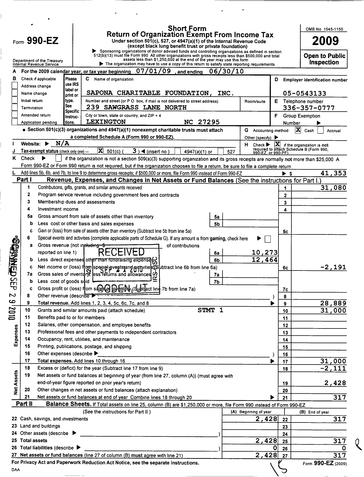 Image of first page of 2009 Form 990EZ for Sapona Charitable Foundation