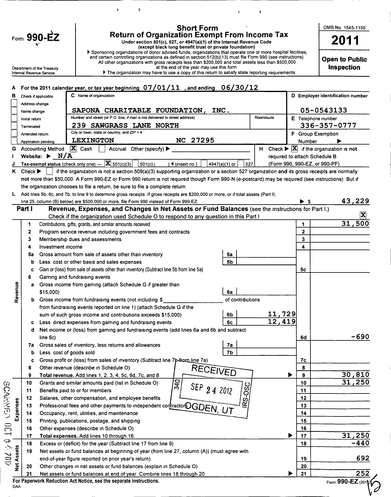 Image of first page of 2011 Form 990EZ for Sapona Charitable Foundation