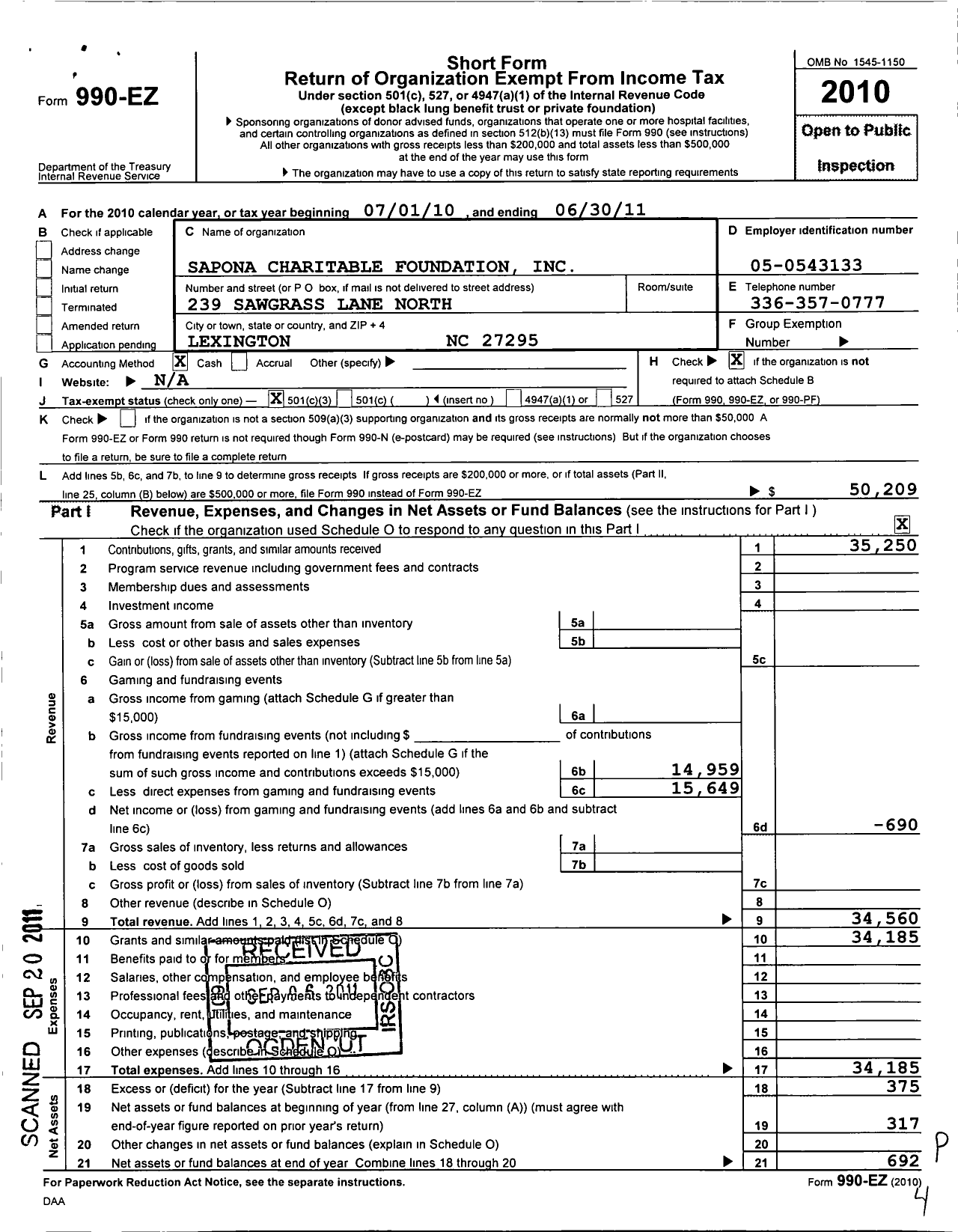 Image of first page of 2010 Form 990EZ for Sapona Charitable Foundation