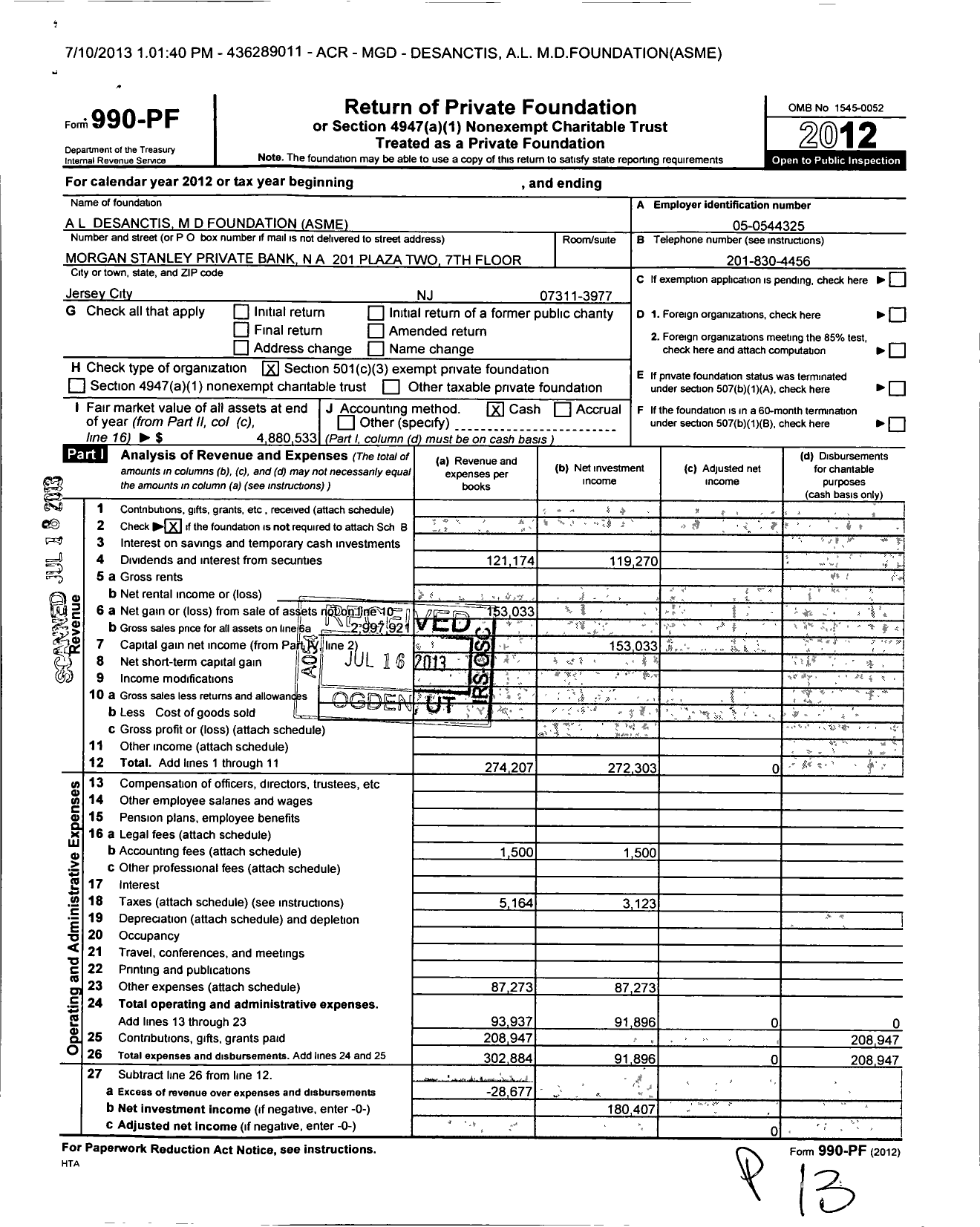 Image of first page of 2012 Form 990PF for Desanctis A L M D Foundation Asme