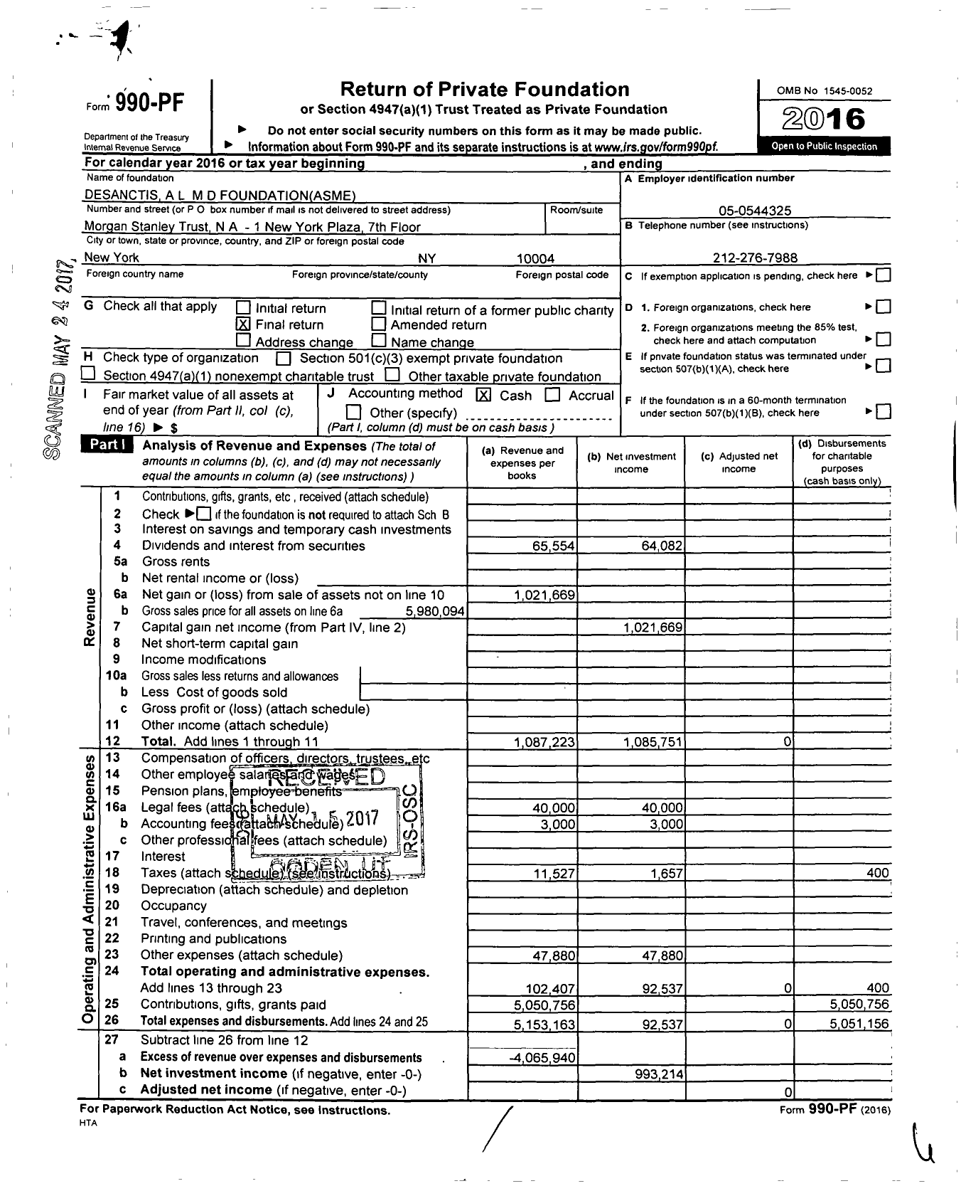 Image of first page of 2016 Form 990PF for Desanctis A L M D Foundation Asme