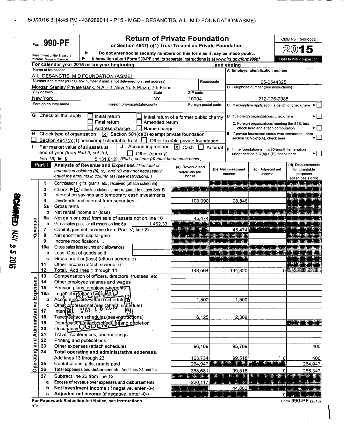 Image of first page of 2015 Form 990PF for Desanctis A L M D Foundation Asme