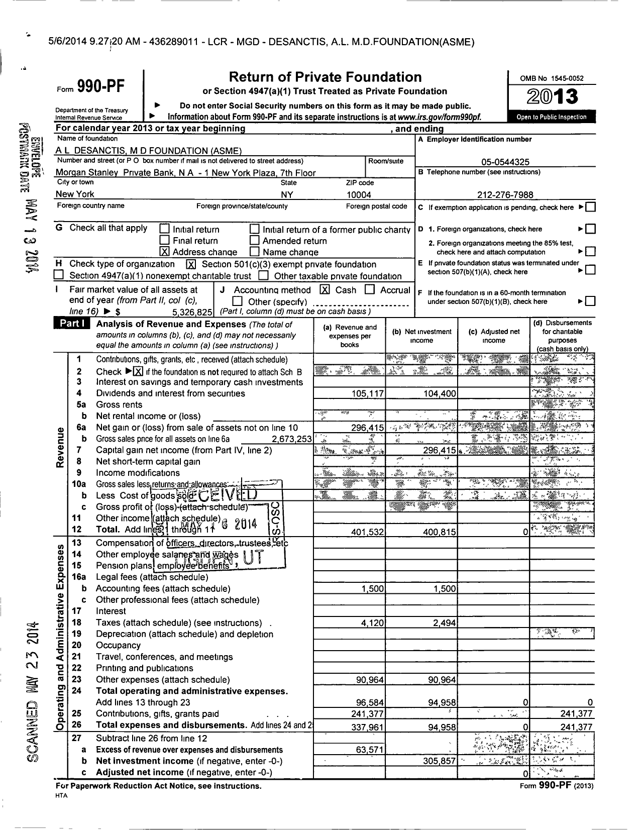 Image of first page of 2013 Form 990PF for Desanctis A L M D Foundation Asme