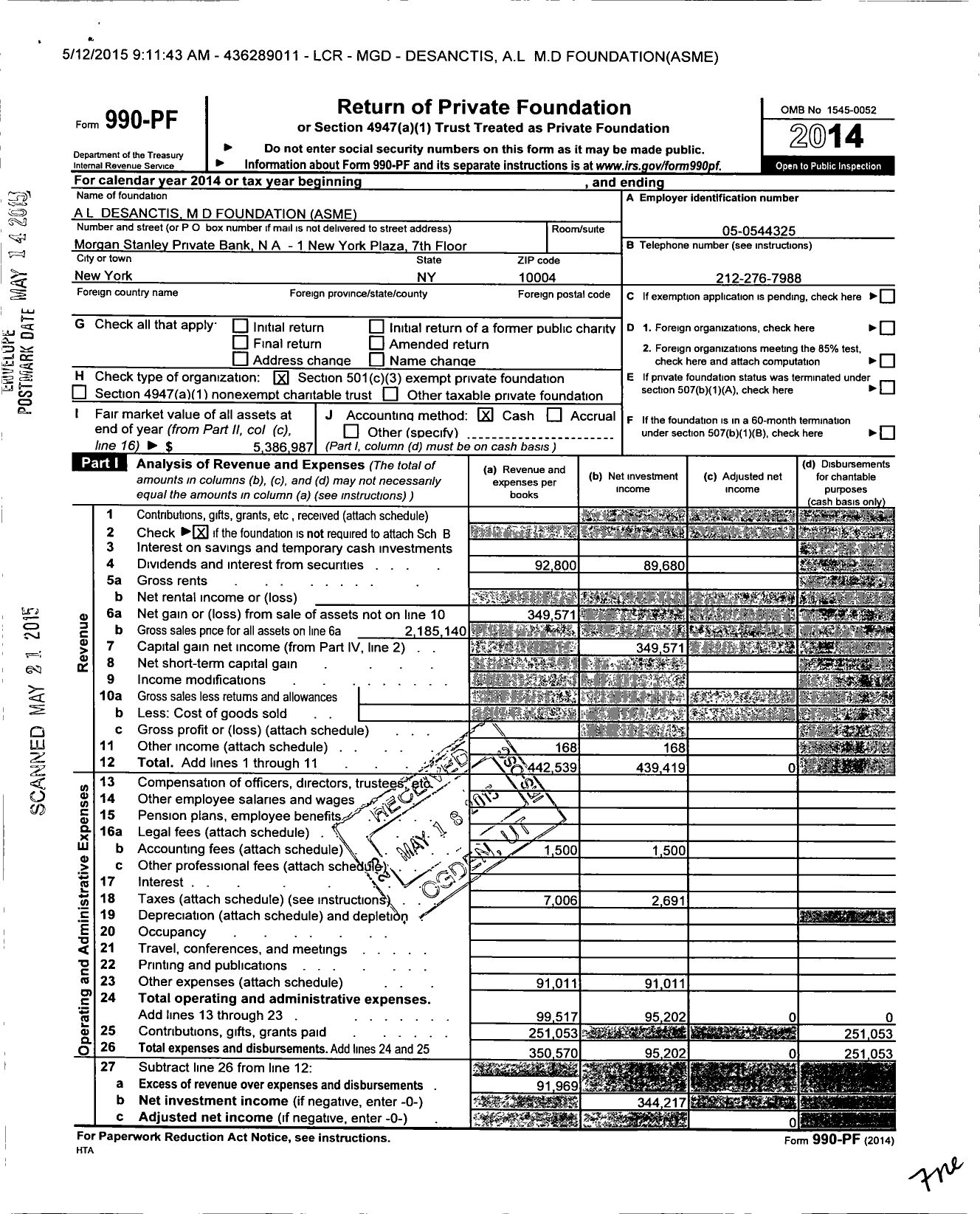 Image of first page of 2014 Form 990PF for Desanctis A L M D Foundation Asme