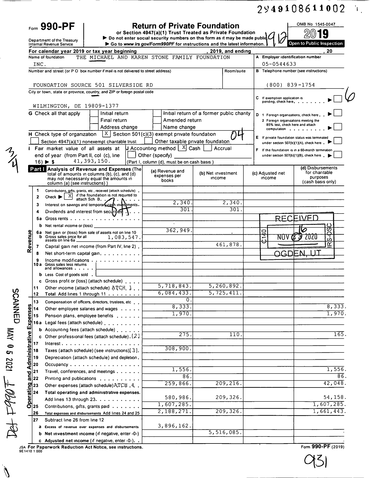 Image of first page of 2019 Form 990PF for The Michael and Karen Stone Family Foundation