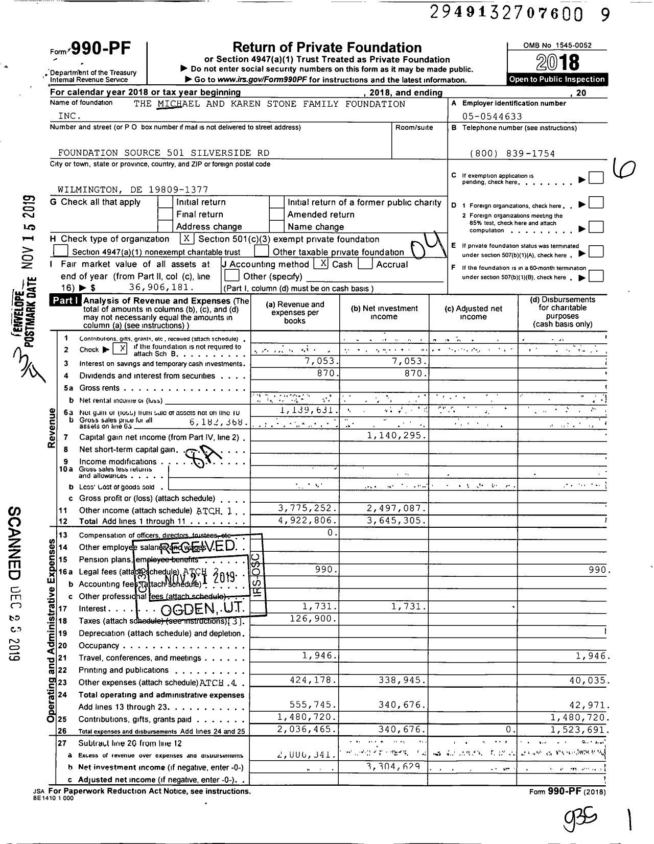 Image of first page of 2018 Form 990PF for The Michael and Karen Stone Family Foundation