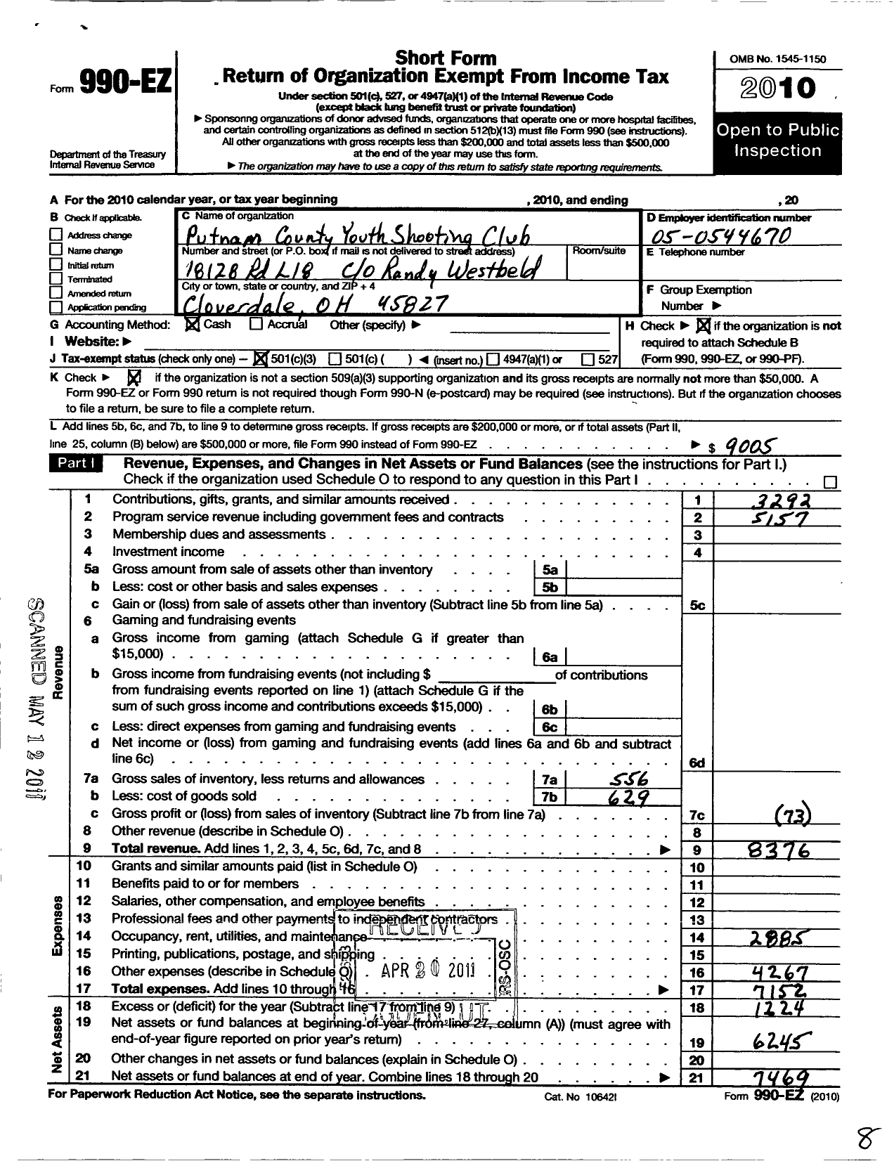 Image of first page of 2010 Form 990EZ for Putnam County Youth Shooting Club