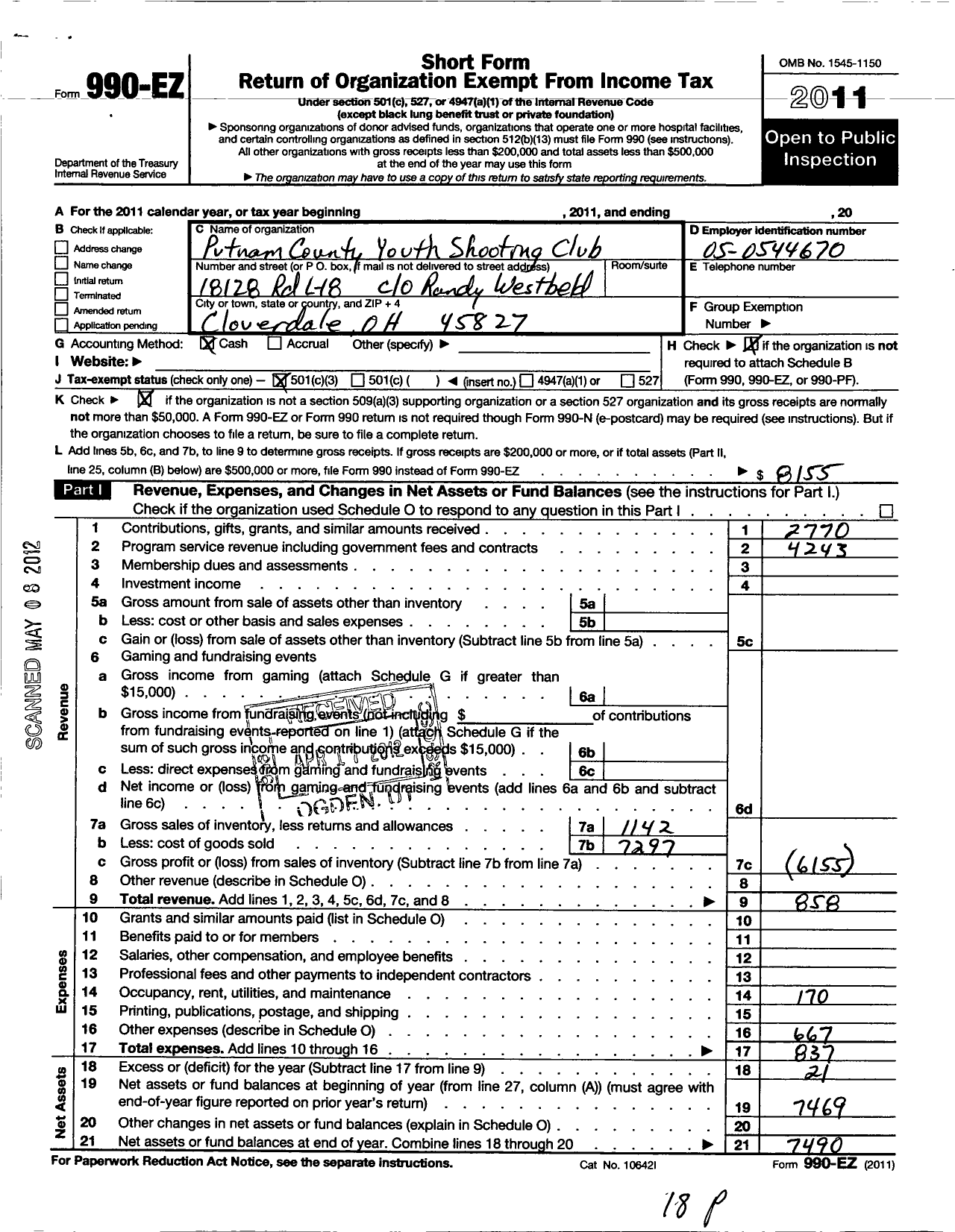 Image of first page of 2011 Form 990EZ for Putnam County Youth Shooting Club