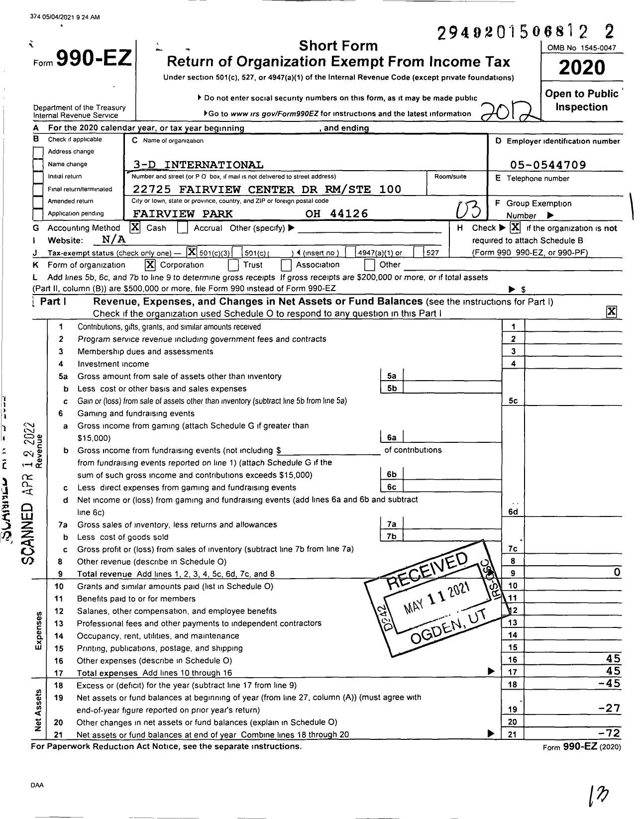 Image of first page of 2020 Form 990EZ for 3D International