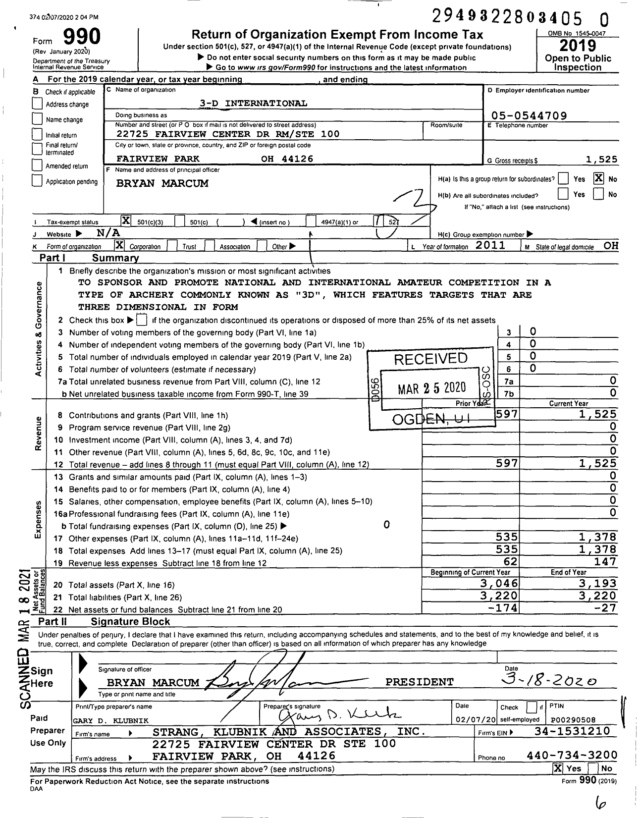 Image of first page of 2019 Form 990 for 3D International