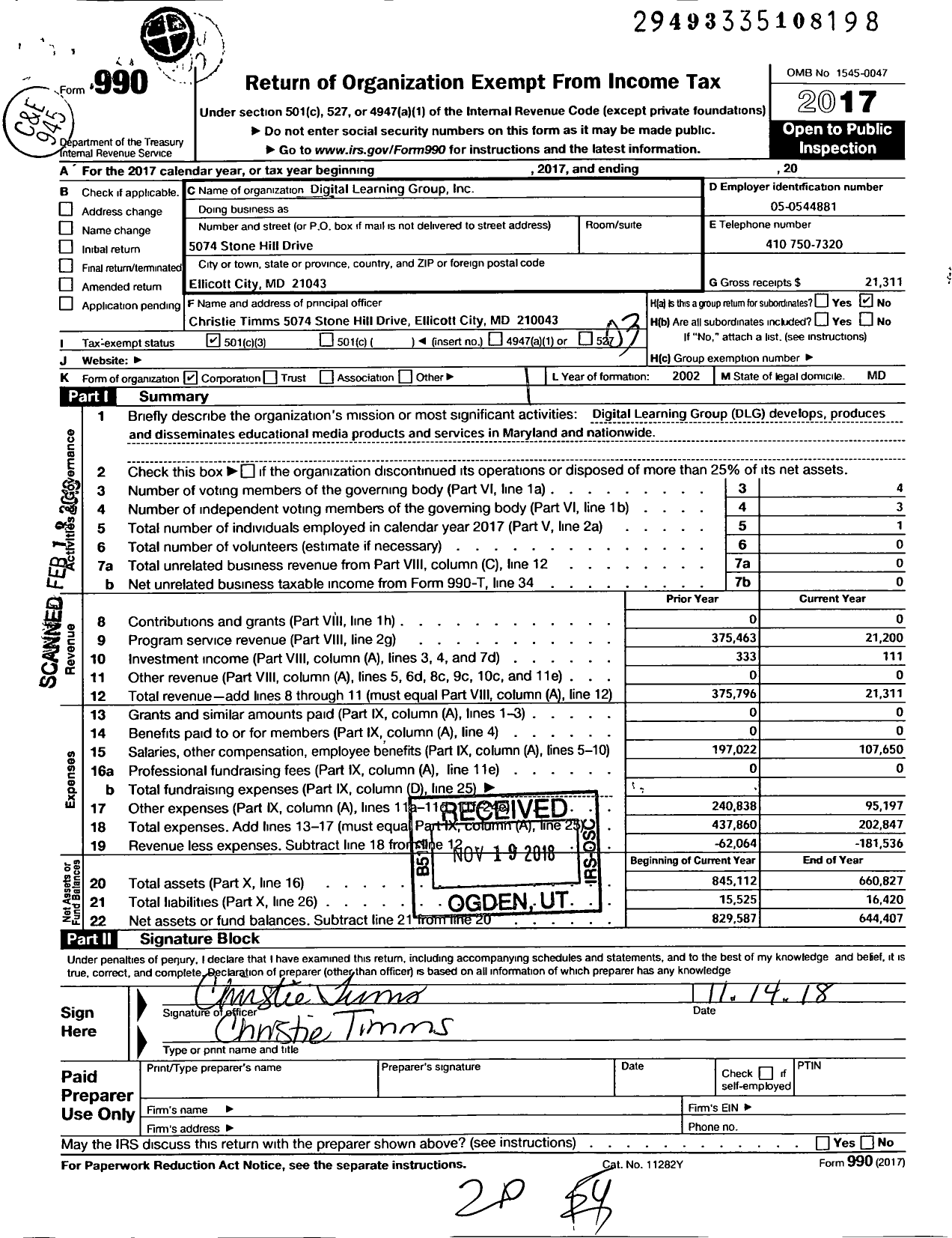 Image of first page of 2017 Form 990 for Digital Learning Group (DLG)