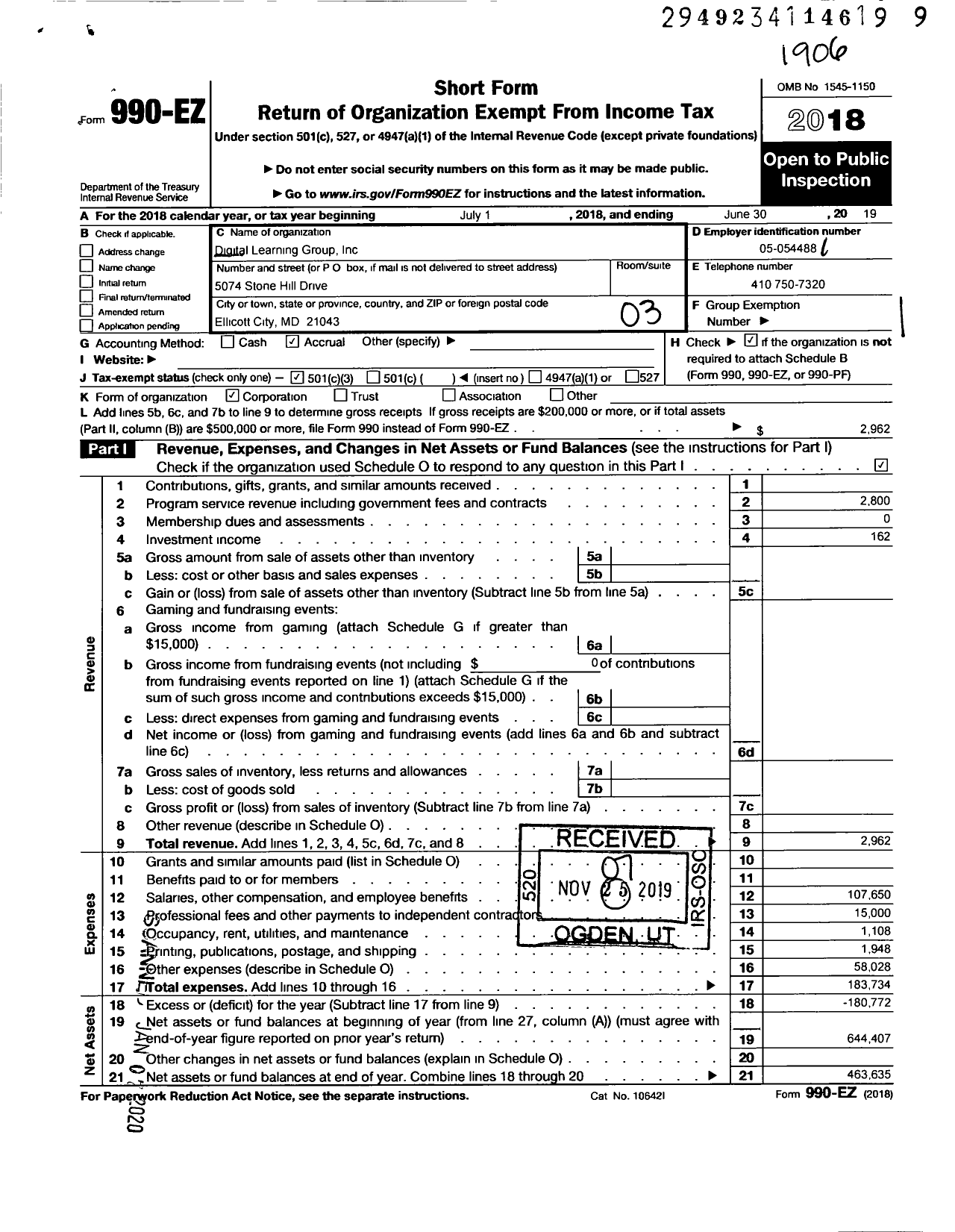 Image of first page of 2018 Form 990EZ for Digital Learning Group (DLG)