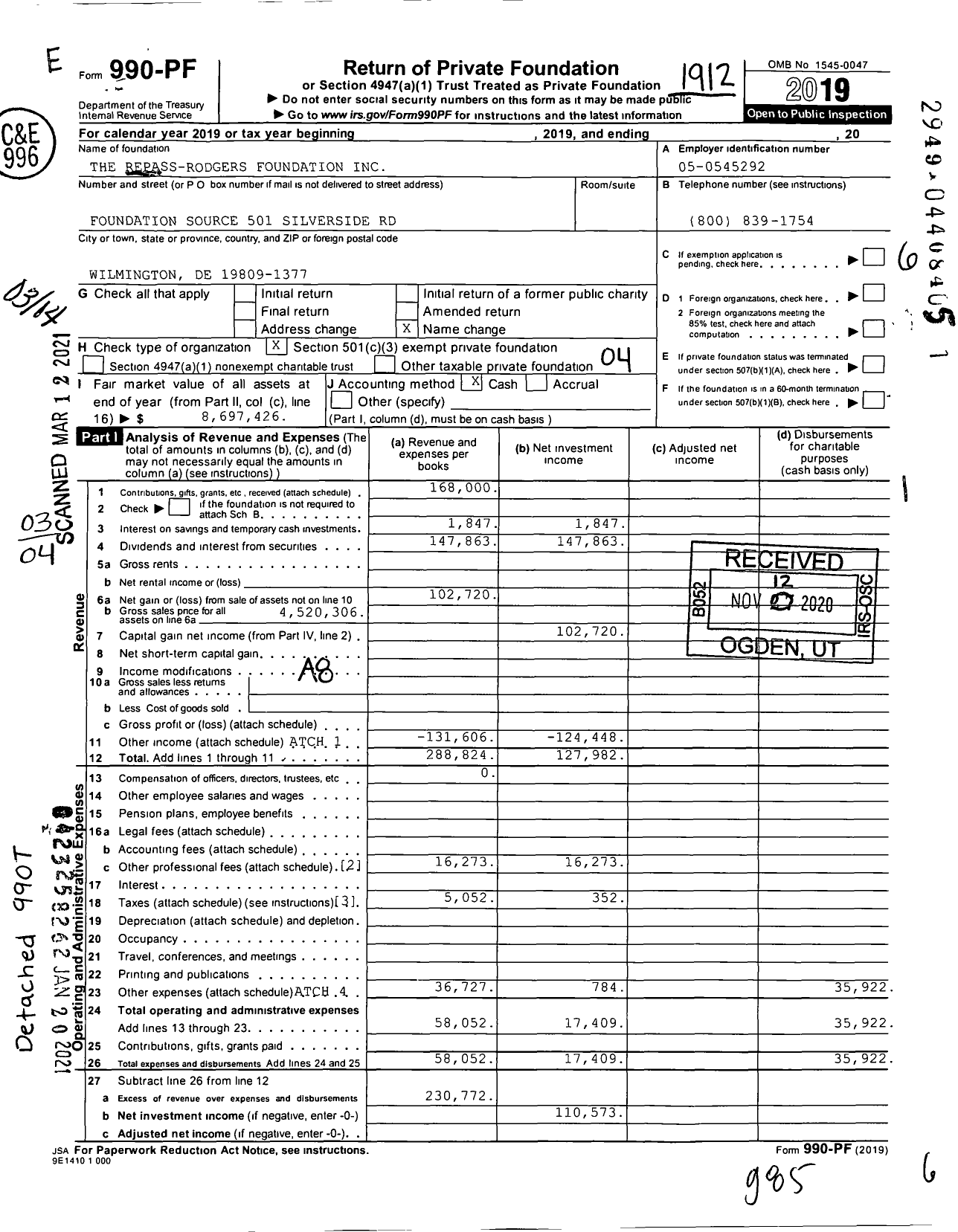 Image of first page of 2019 Form 990PF for The Repass-Rodgers Foundation
