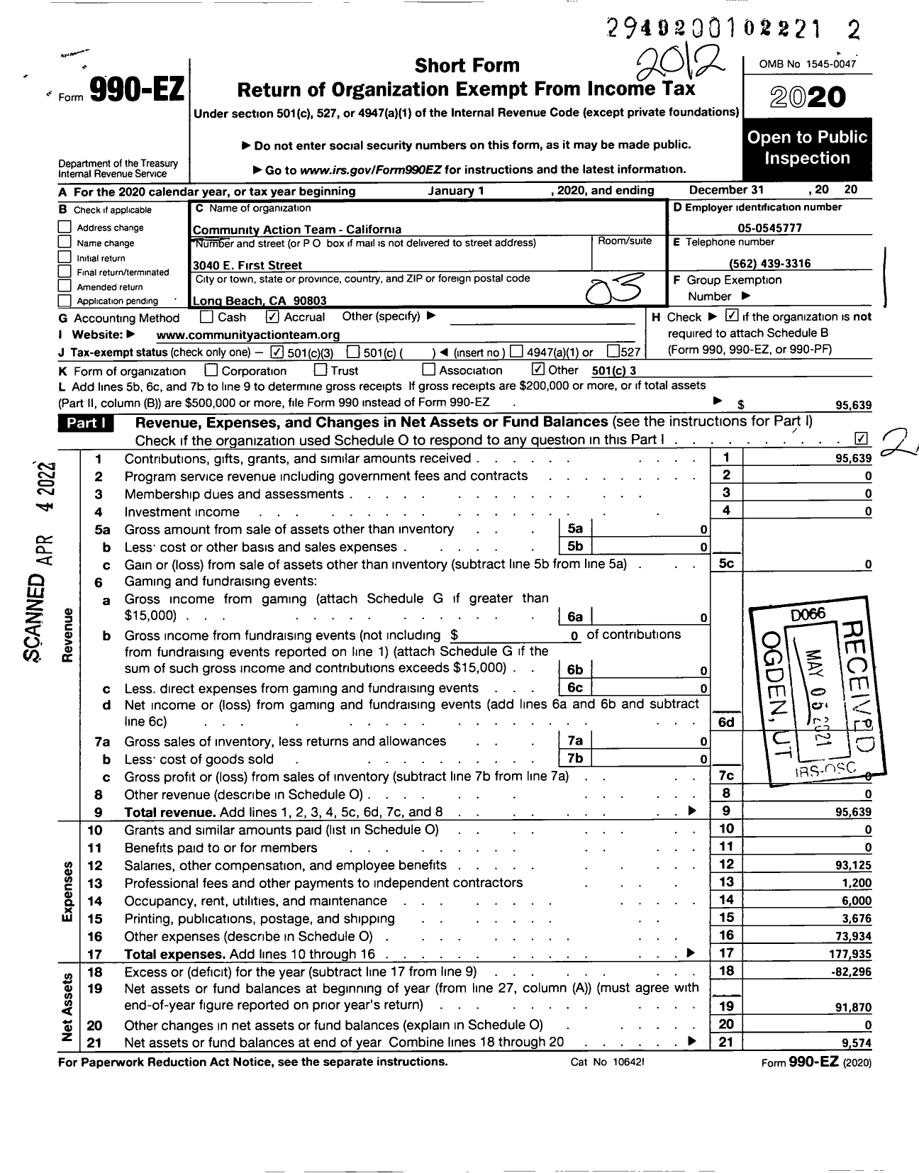 Image of first page of 2020 Form 990EZ for Community Action Team-California