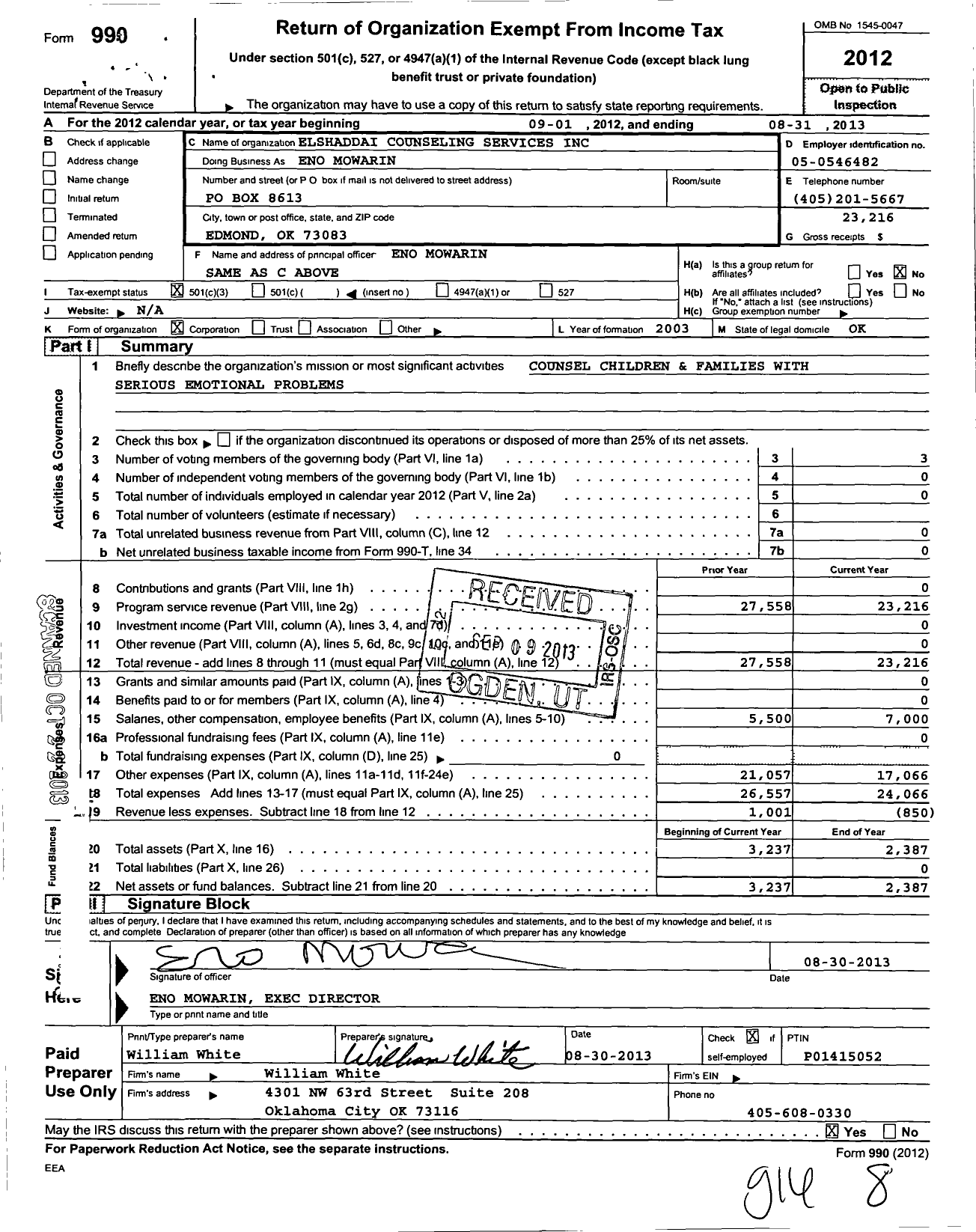 Image of first page of 2012 Form 990 for Elshaddai Counseling Services