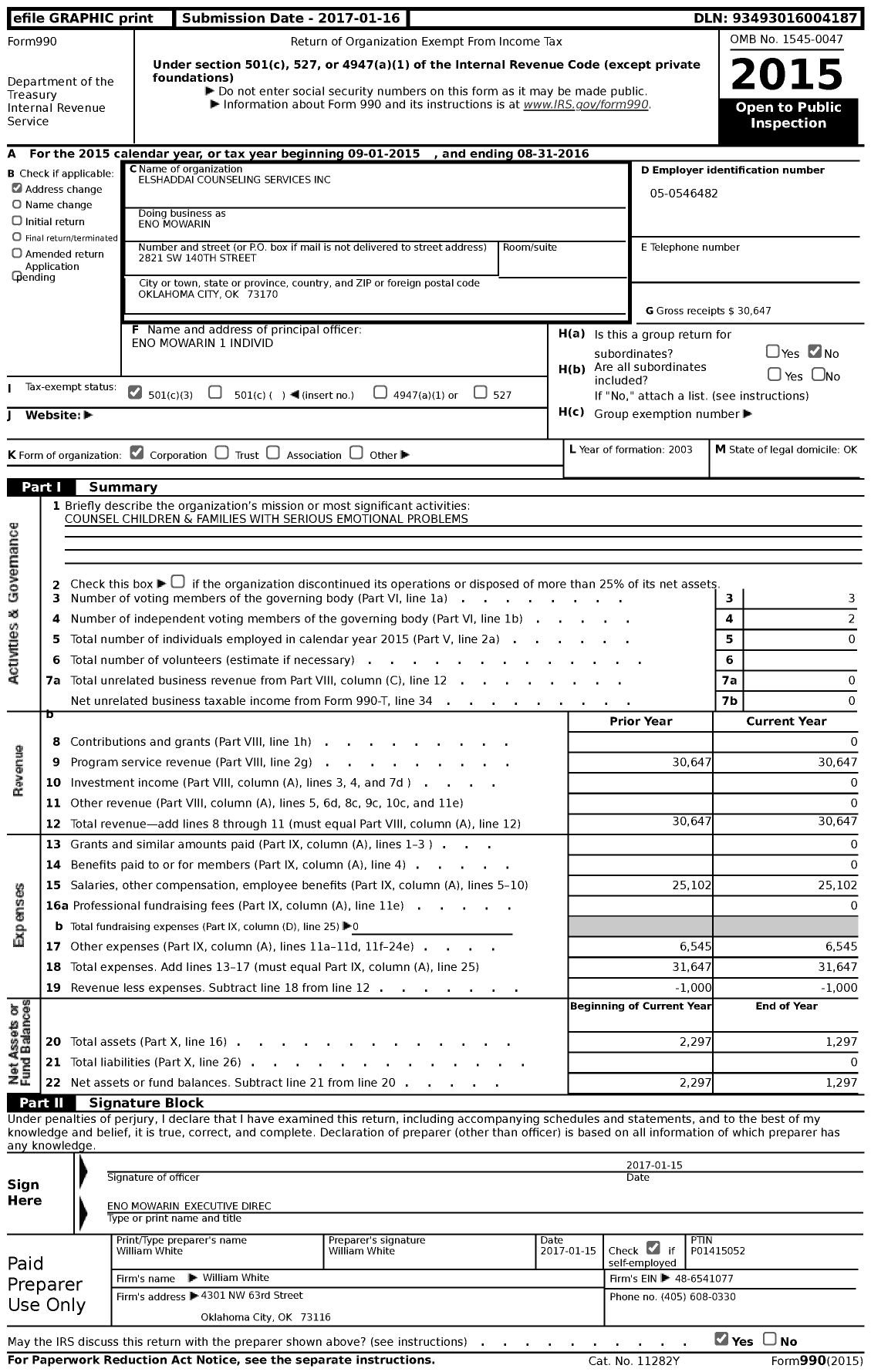 Image of first page of 2015 Form 990 for Elshaddai Counseling Services