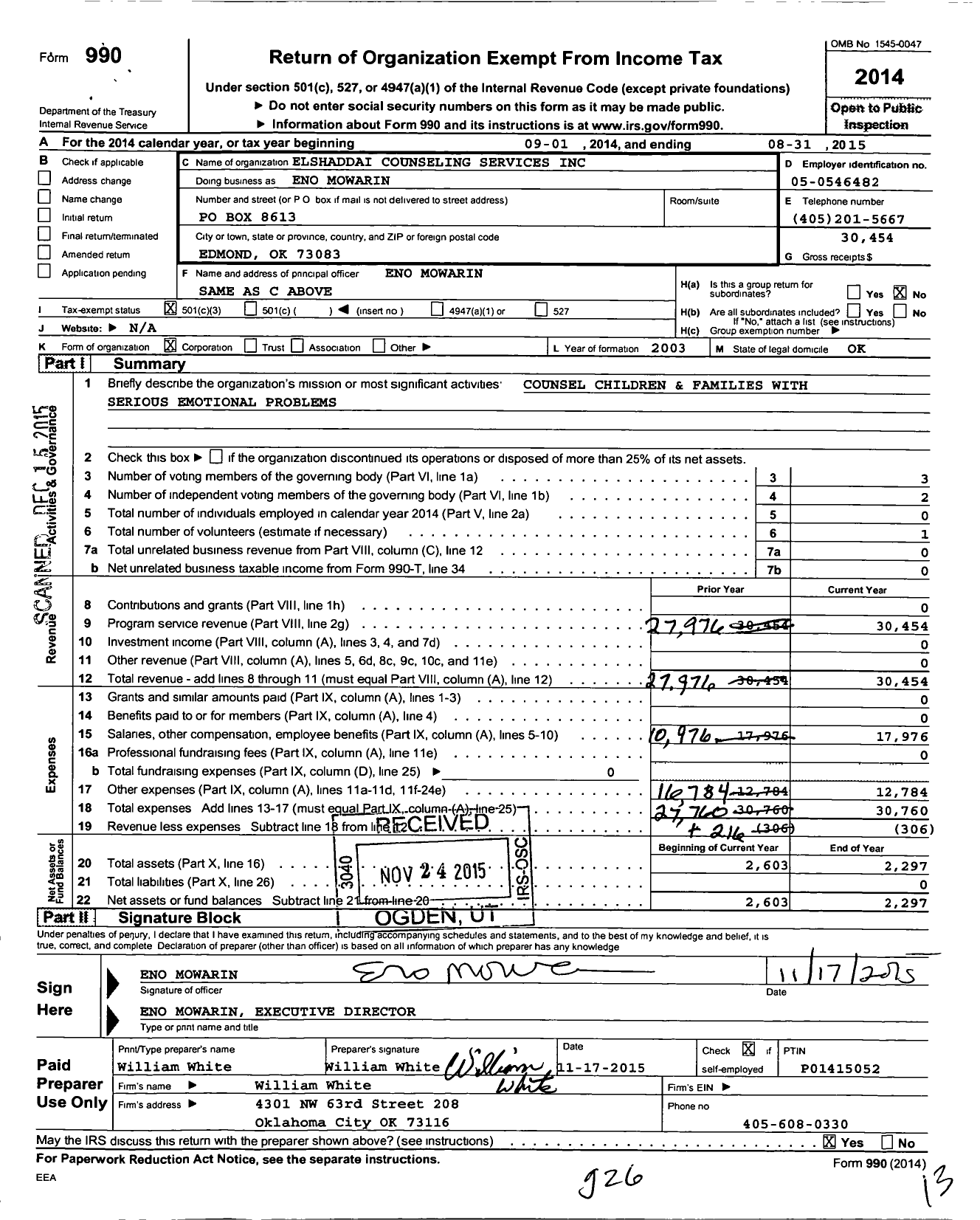 Image of first page of 2014 Form 990 for Elshaddai Counseling Services